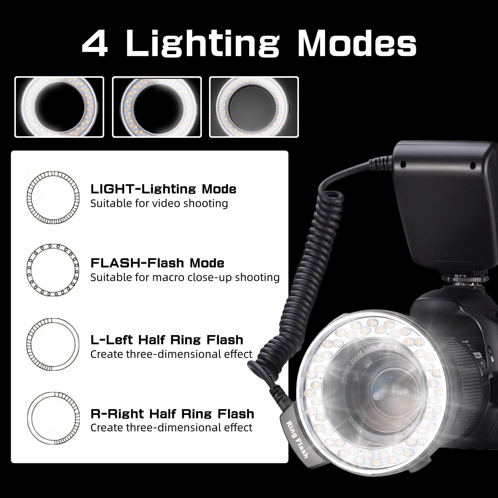 Macro LED Ring Flash, 48pcs LED Beads, 3 Color Diffuser, 9 Adapter Rings, 7 Brightness, 4 Modes, Camera Lens Flash for Fuji Pentax and Other DSLR Cameras 6