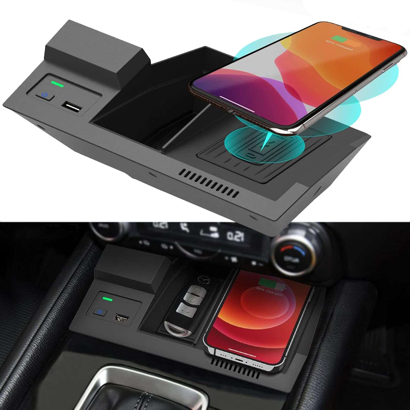 Wireless Car Charger Compatible with Ma/zda CX5 CX-5 2017 2018 2019 2020 2021 2022 2023 Center Console Accessory Panel, 15W Qi Fast Charging with USB QC3.0 Ports 1