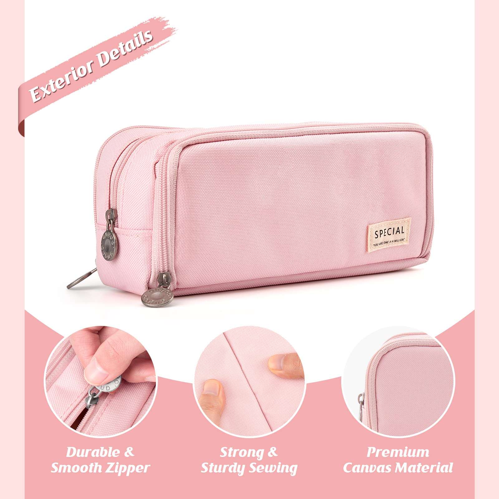 Anyfirst Large Pencil Case, Big Capacity Pencil Cases with 3 Compartments, School Supplies Stationery Storage Organizer for Girls Boys Students Adults, Pink, School Bag 4