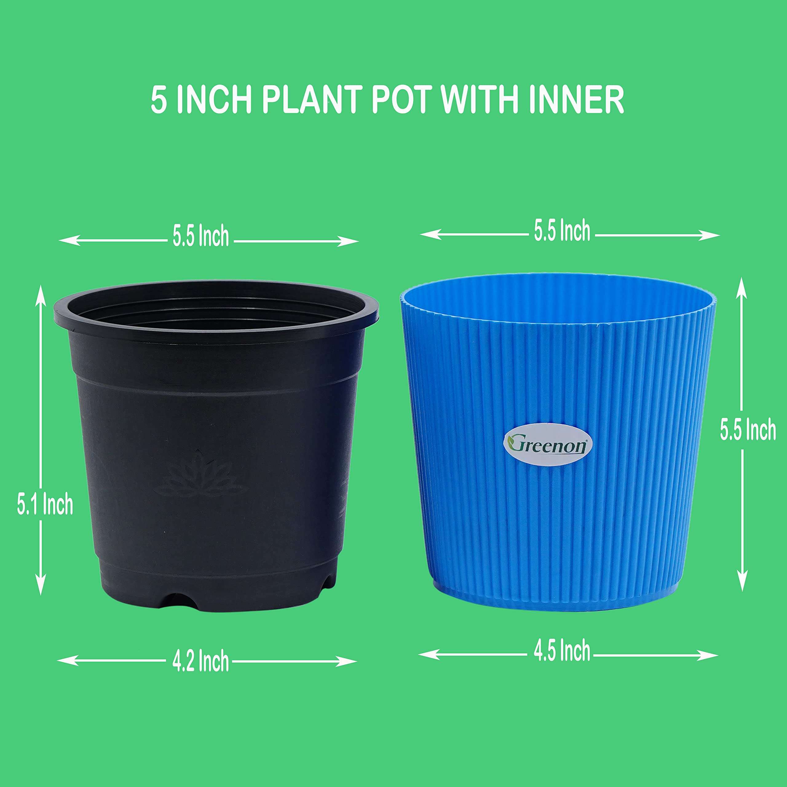 GREENON 5 Inch Small Plant Pot | Pack of 5 | Self Water | Blue Outer and Black Inner | Best for Countertop and Tabletop, Balcony | Non-Fadable Planter | Virgin Plastic Gamla | Blue 5 3