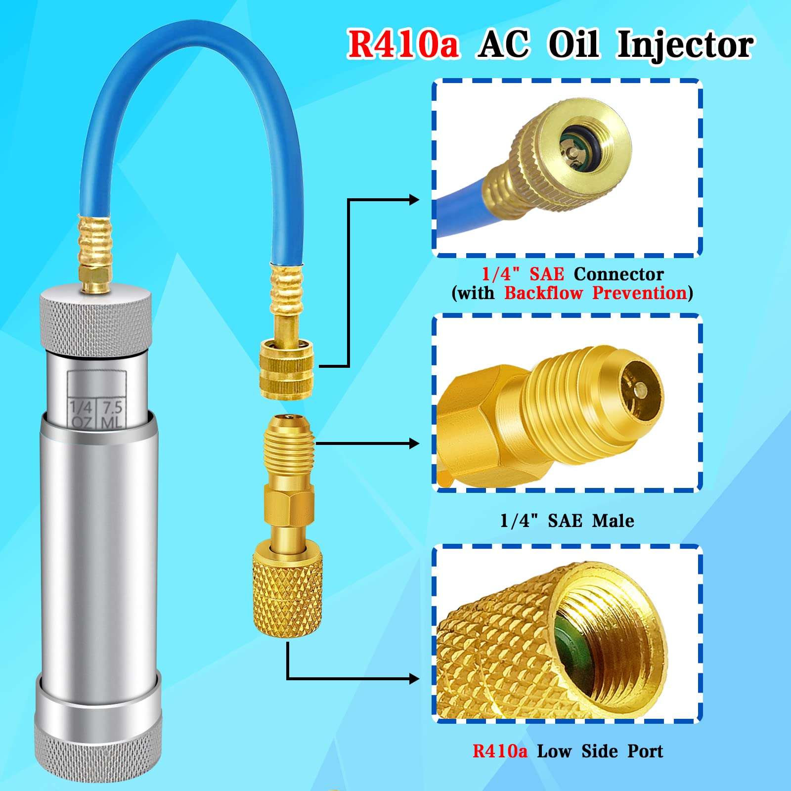 AC Oil Injector for R1234YF, R134A, R410A, HVAC Dye Oil Injector with 1/4" SAE Connector, 2 OZ Refrigerant Hand Turn AC Oil Injector Tool, for R1234YF R134A R410A Refrigerant System 4