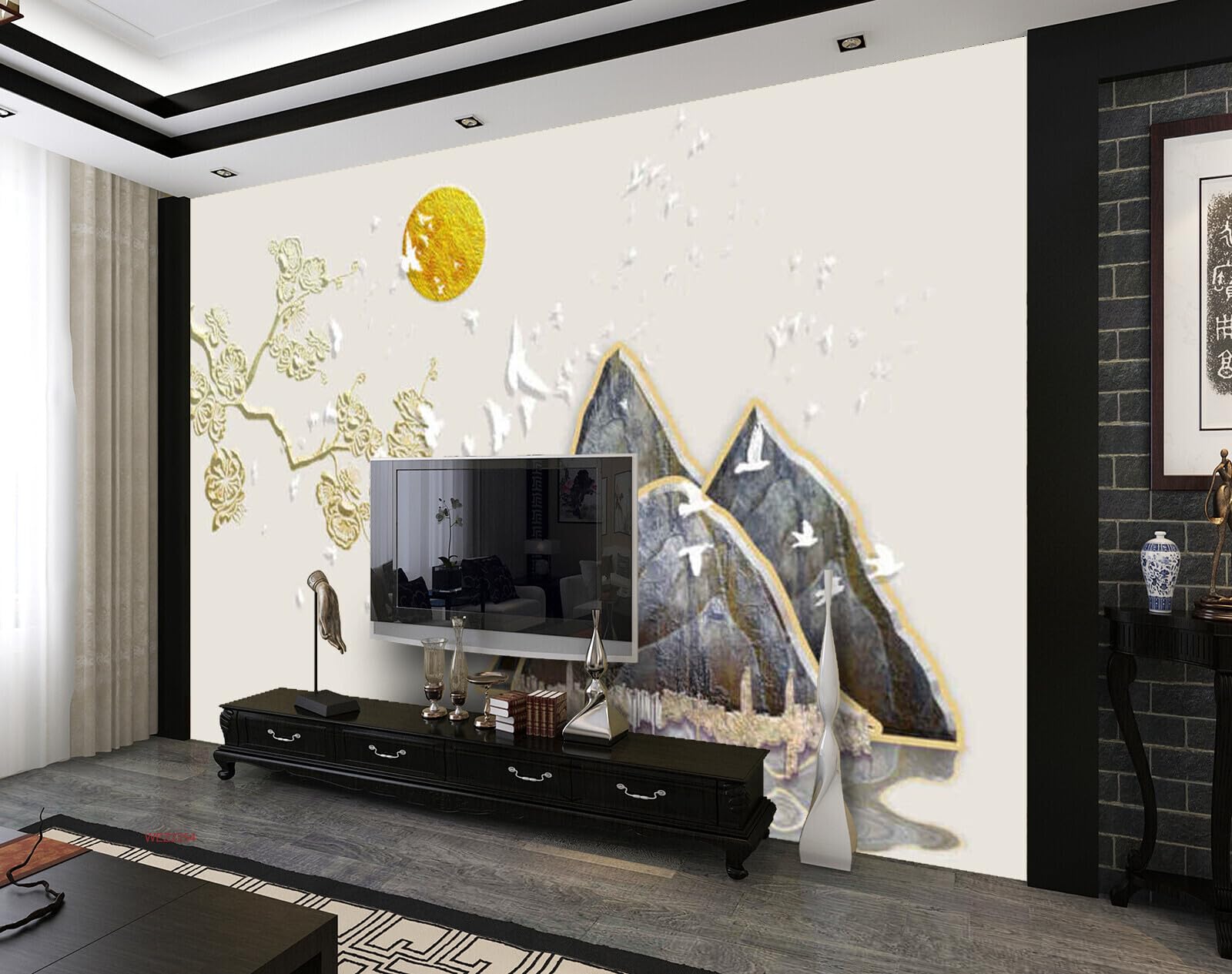 Wall26 - WEZ2254 Birds Blossom Peck Sun Mountains Flowers Beautiful Boo HD 3D Wall Sticker[7 ft x 5 ft] / [213 cm x 152 cm] 1