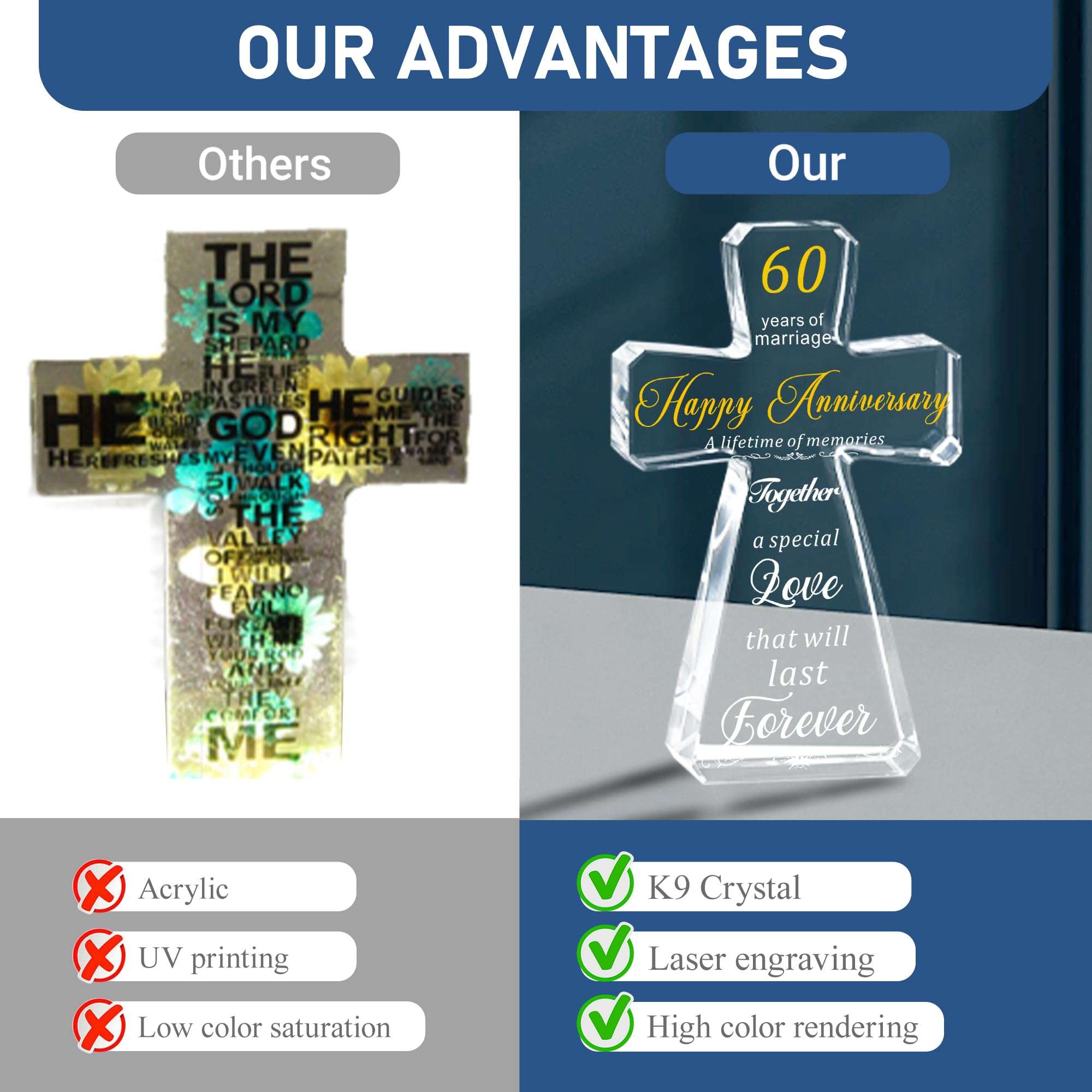 BLUEBOOK 60th Anniversary Wedding Standing Cross Gifts for Couple,4x6in Happy Anniversary Table Decoration Gifts for Parents, 60 Years of Marriage Best Gifts Idea for Women Her Him 6