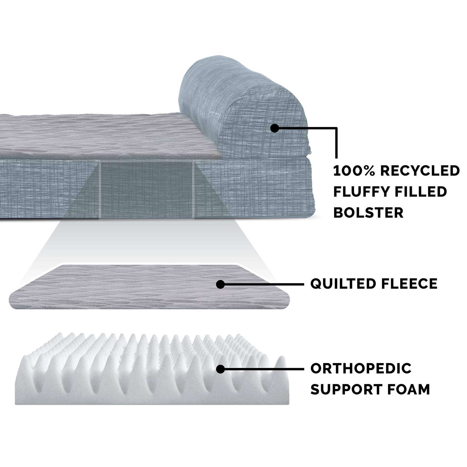 Furhaven Pet 43539287 Jumbo Quilted Fleece & Print Suede Chaise Lounge Orthopedic Sofa Pet Bed, Titanium 3