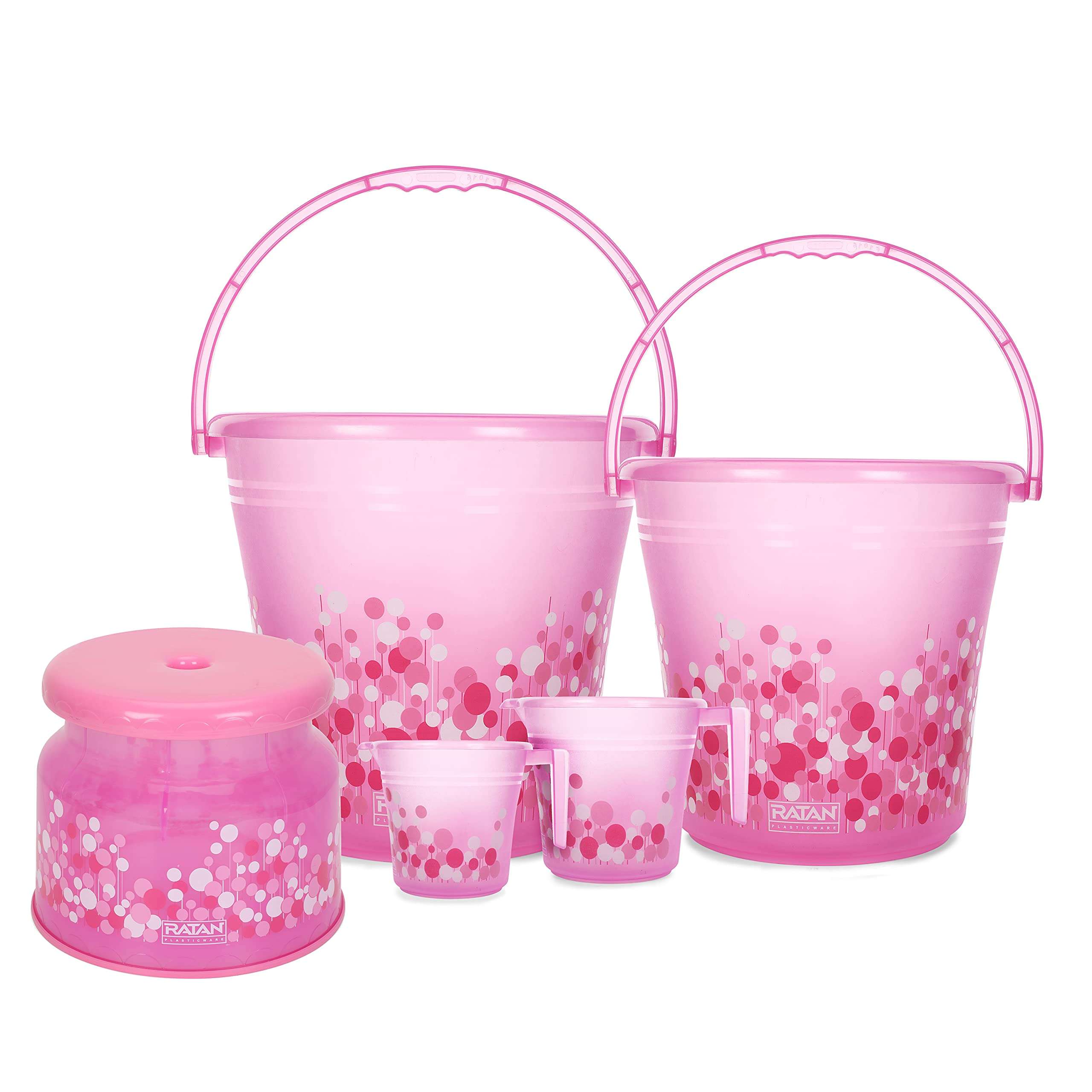 Ratan Plastics 5 Pieces Bathroom Set 1 Frosty Bucket 16L + 1 Frosty Bucket 20L + 1 Frosty Mug 1000ml + 1 Frosty Mug 1500ml + 1 Nova Patla 107 Bubble Print - Pink, Standard (ECCPL980046-001) 1