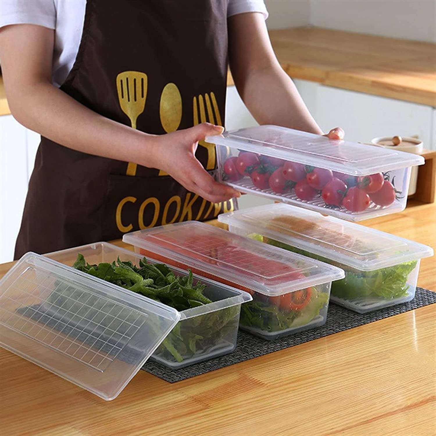 AMP Food Storage Container with Removable Drain Plate and Lid, Stackable Freezer Storage Containers Keep Fresh fridge storage box (1500ml) (2) 3