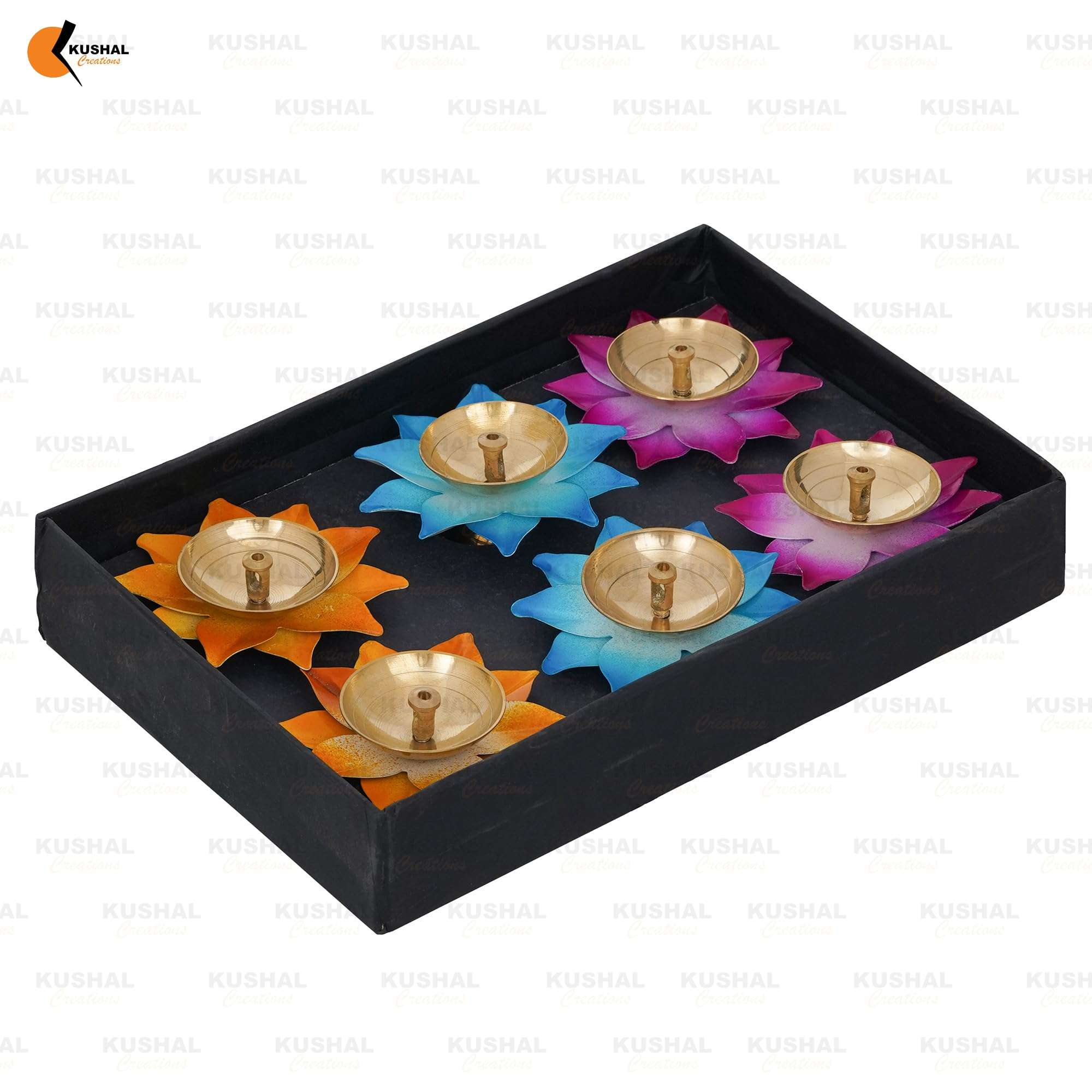 KUSHAL CREATIONS Silver Plated Festival Gift Silver Plated Brass Bowls Set of 5 Pcs. Golden Box Dinner Set with Lotus Diya Set of 6 Pcs. 6