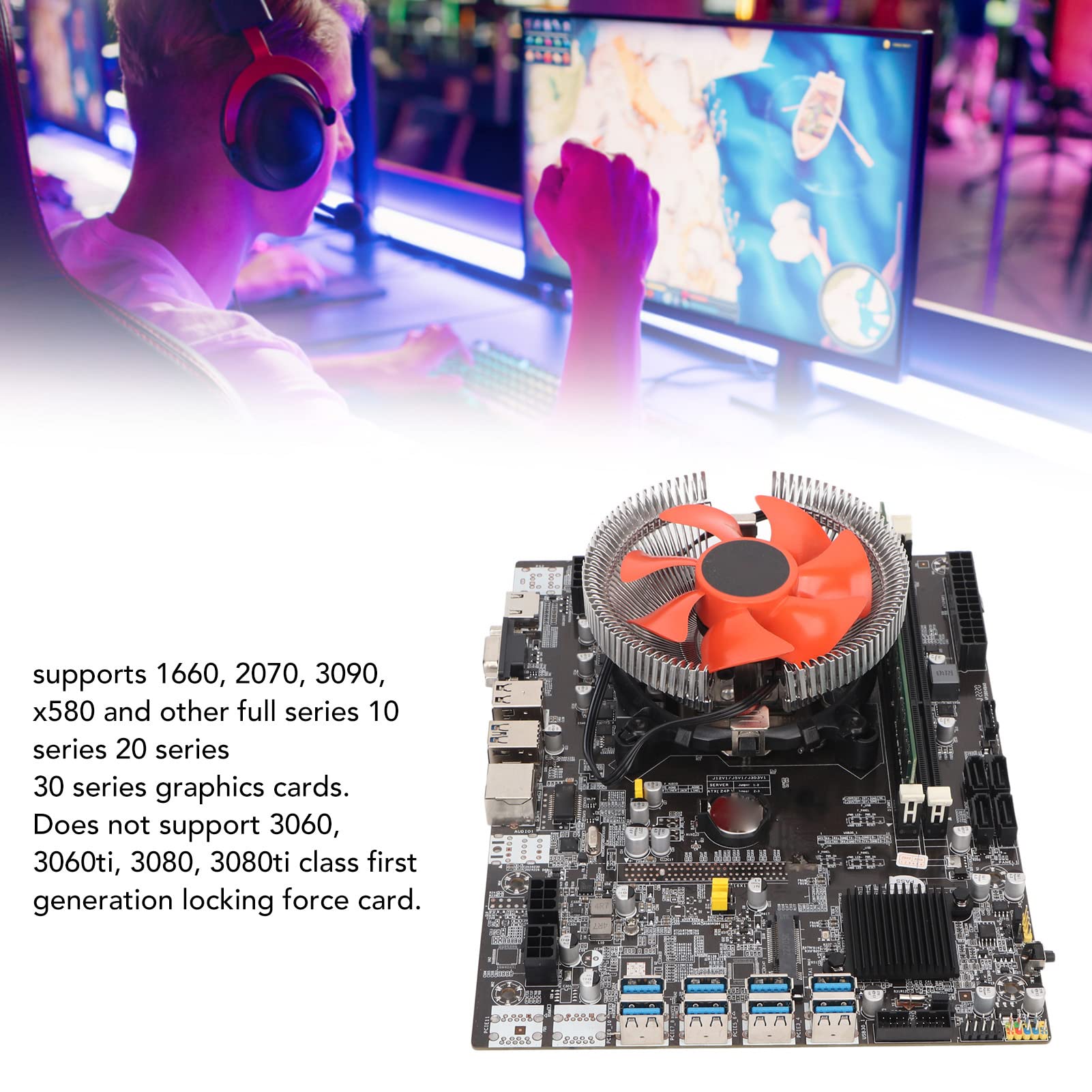 Mining Motherboard, Dual Output DDR3 Motherboard with Cooling Fan, GPU Mining Motherboard Model, 8 USB3.0, PCIIE X1 Channel Adapter 5