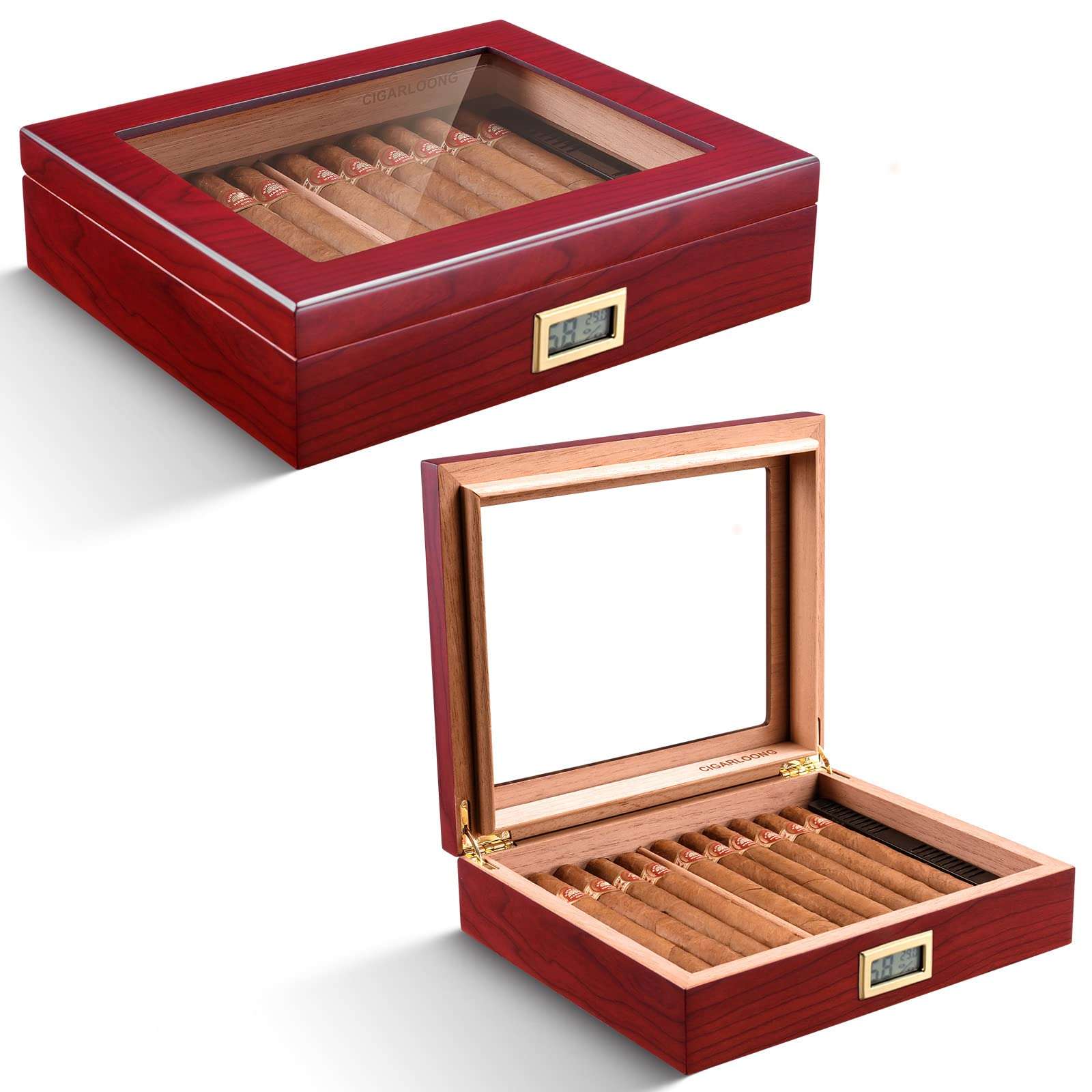 CIGARLOONG Cigar Humidor Cedar Wood Classic Cigar Box with Digital Hygrometer and Humidifier Holds 20-35 Cigars(Color:Cherry) 1