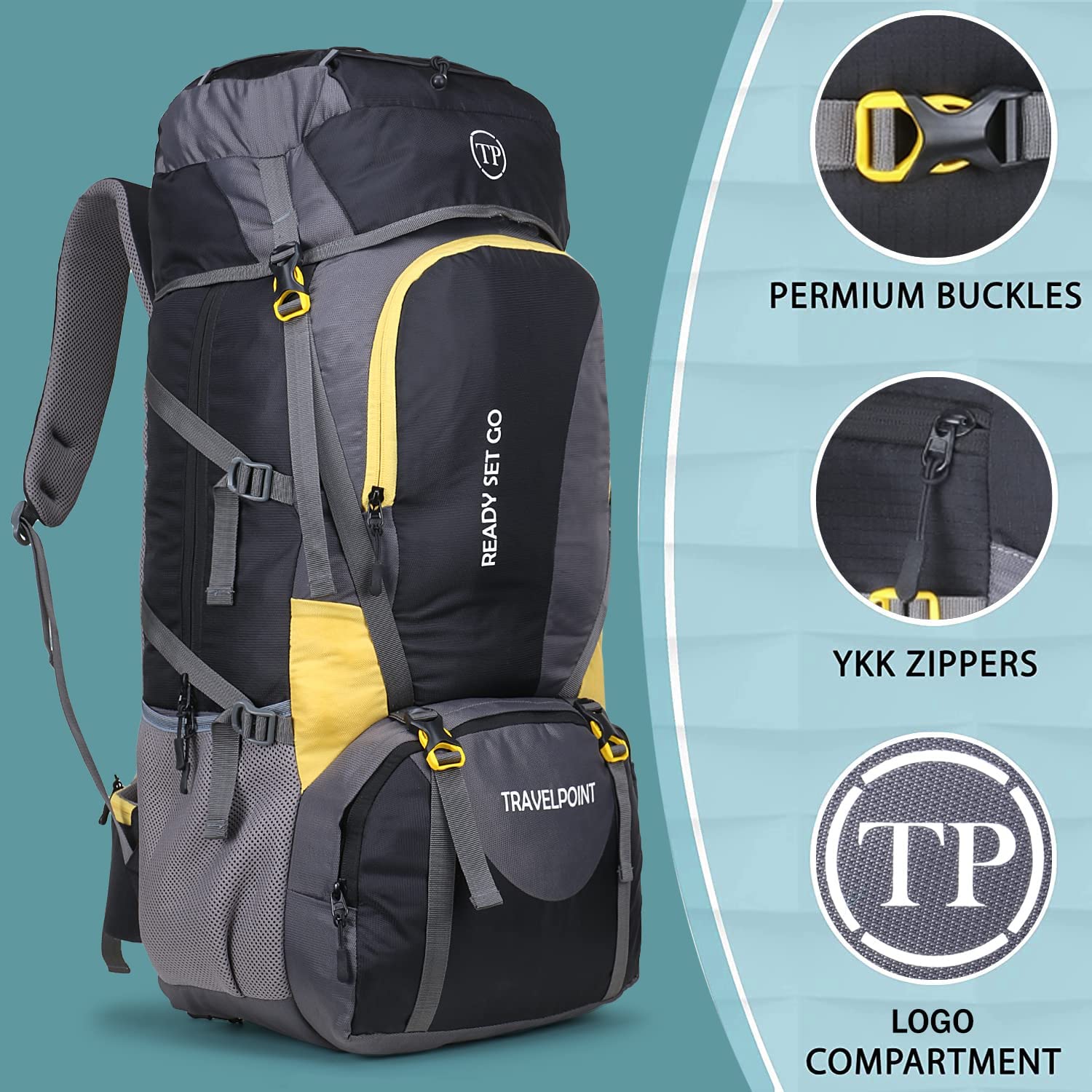 TRAVEL POINT 60L Waterproof Travel Backpack for Outdoor Sport Camp Hiking Trekking Bag Camping Rucksack with Shoe Compartment Tourist Mountain Climbing Bag for Men and Women with rain cover (CURVE-BLACK) 1 Year Warranty 6