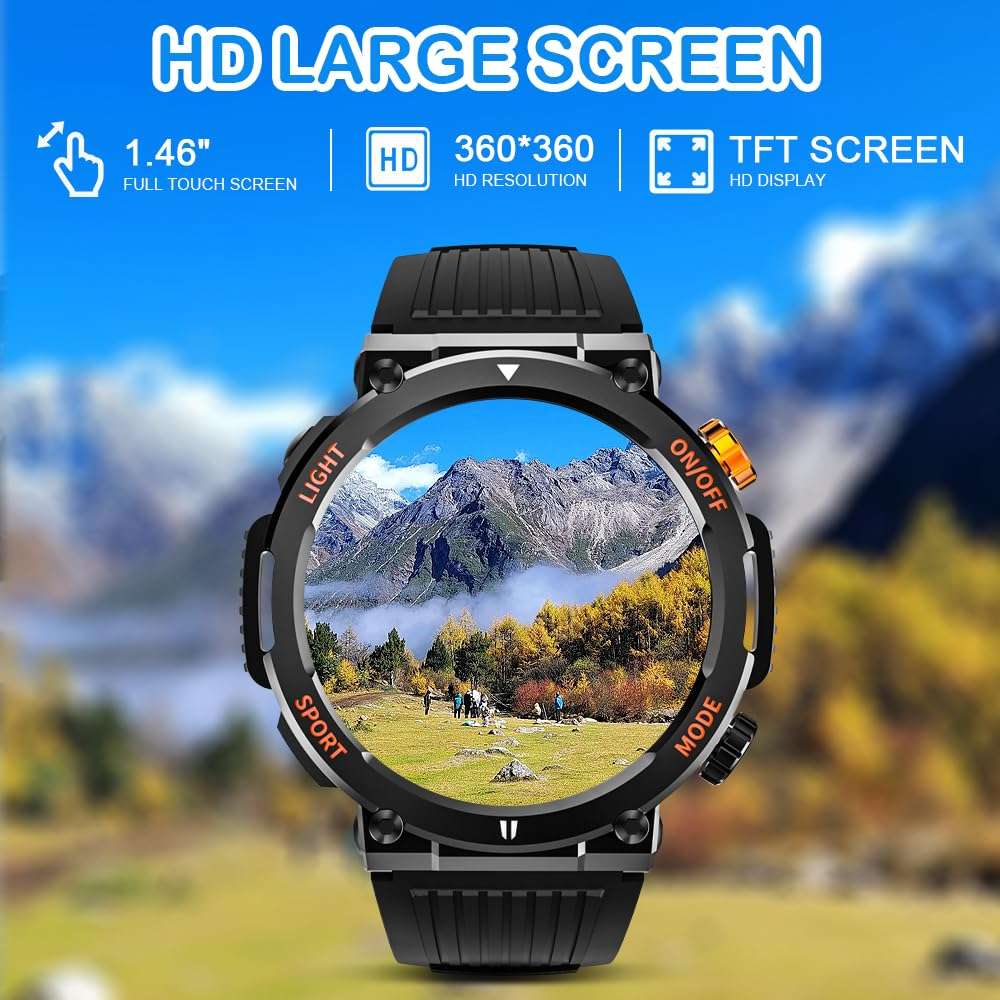 Men Military Intelligent Watch 1.46 inch HD LED Flashlight Compass Fitness Tracker Smart Watch, with answering/Calling Function Sports Watch, Heart Rate SPO2 Compatible with iPhone and Android Phones 4