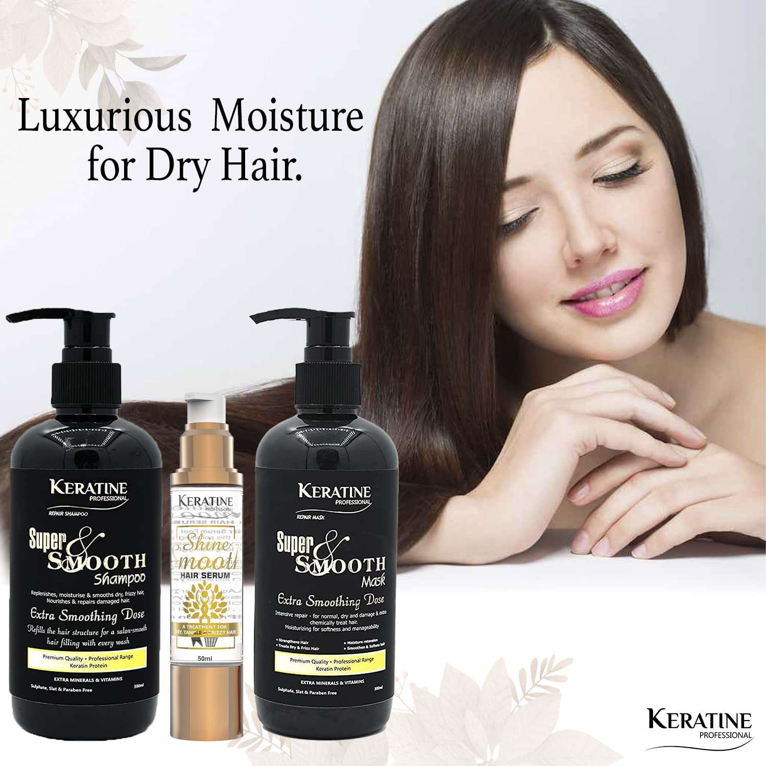 KERATINE PROFESSIONAL Keratin Super Smooth Repair Hair Shampoo, Mask (300 ml) & (50ml) Serum | Infused with Keratin, Collagen & Argon Oil | for Dry Damaged & Color Treated Hair | Made in India 3