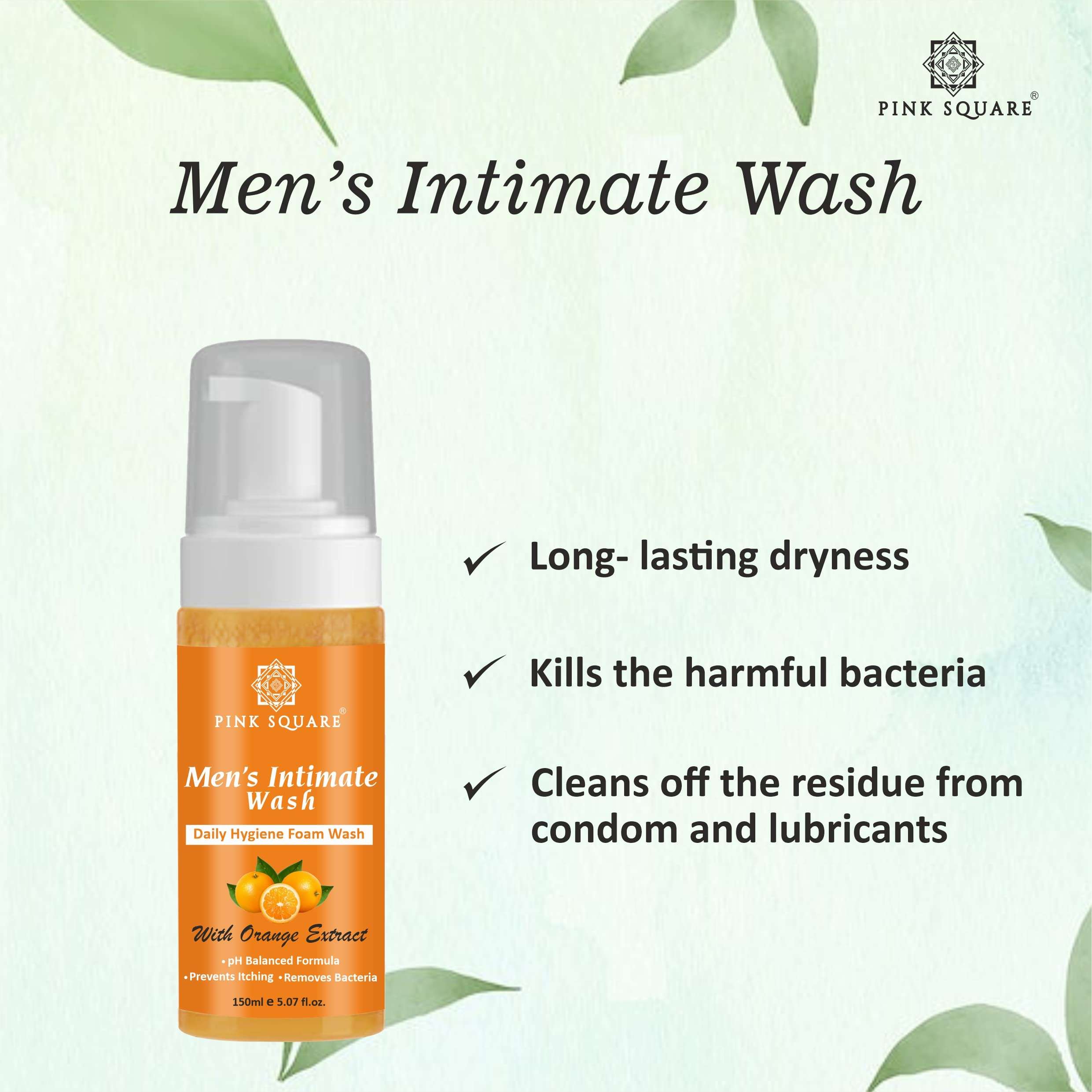 Pink Square Natural Men's Intimate Wash with Orange Extract Maintain PH Balance Intimate Daily Care| Better Private Parts Hygiene Body Wash Anti-Bacterial Pack of 3 of 150 ML (450 ML) 3