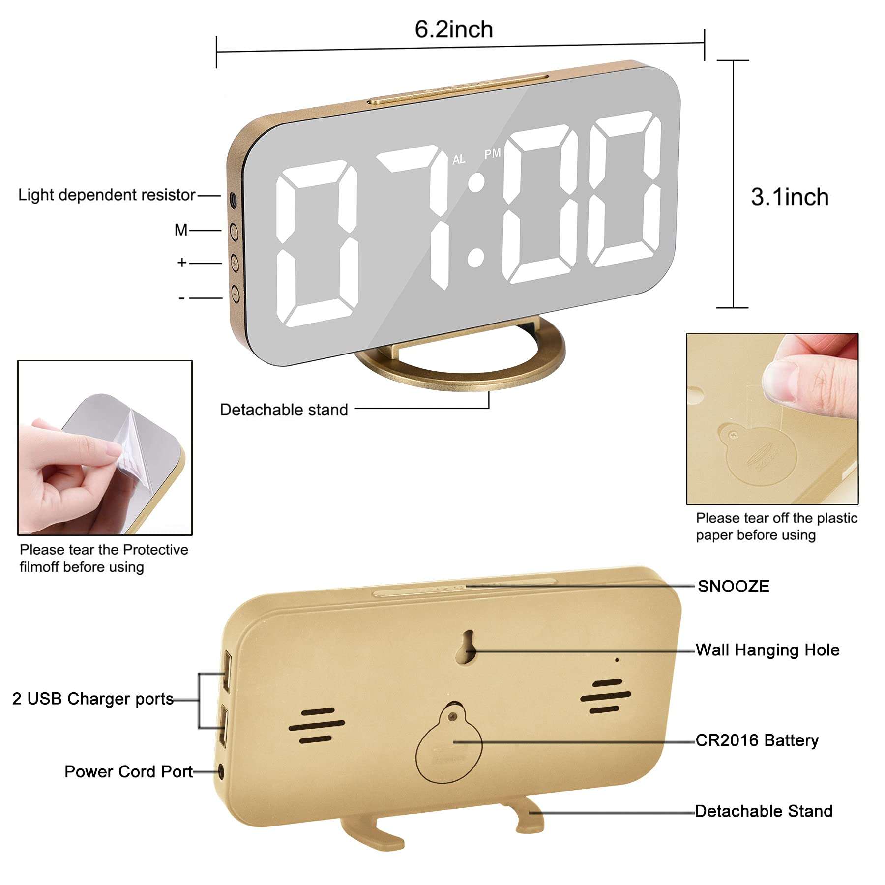 Sukeen Digital Alarm Clock,6" Large LED Display with Dual USB Charger Ports | Auto Dimmer Mode | Easy Snooze Function, Modern Mirror Desk Wall Clock for Bedroom Home Office for All People (Gold) 6