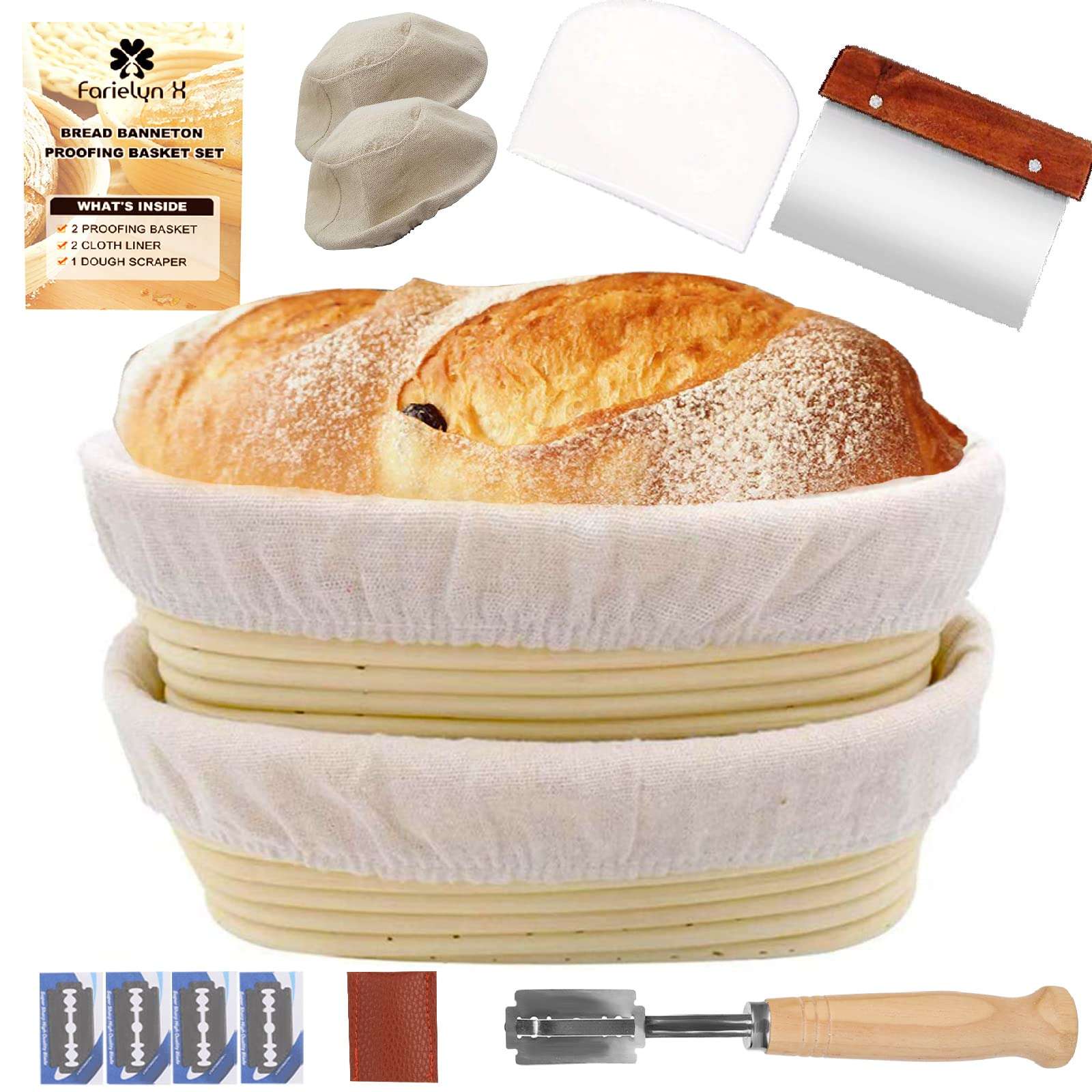 Farielyn-X 2 Packs 10 Inch Oval Shaped Bread Banneton Proofing Basket - Baking Dough Bowl Gifts for Bakers Proving Baskets for Sourdough Lame Bread Slashing Scraper Tool Starter Jar Proofing Box 1