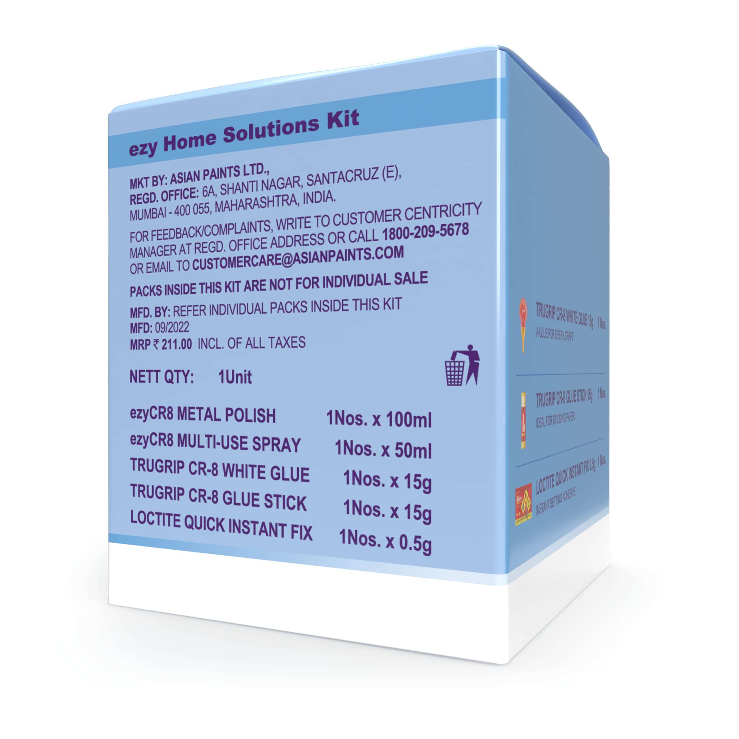 Asian Paints ezyCR8 ezy Home Solutions Kit containing 5 DIY Products for Quick Home Maintenance - Trugrip White Glue, Glue Stick, Loctite Quick Instant Fix, Metal Polish & Multi-Use Spray 3