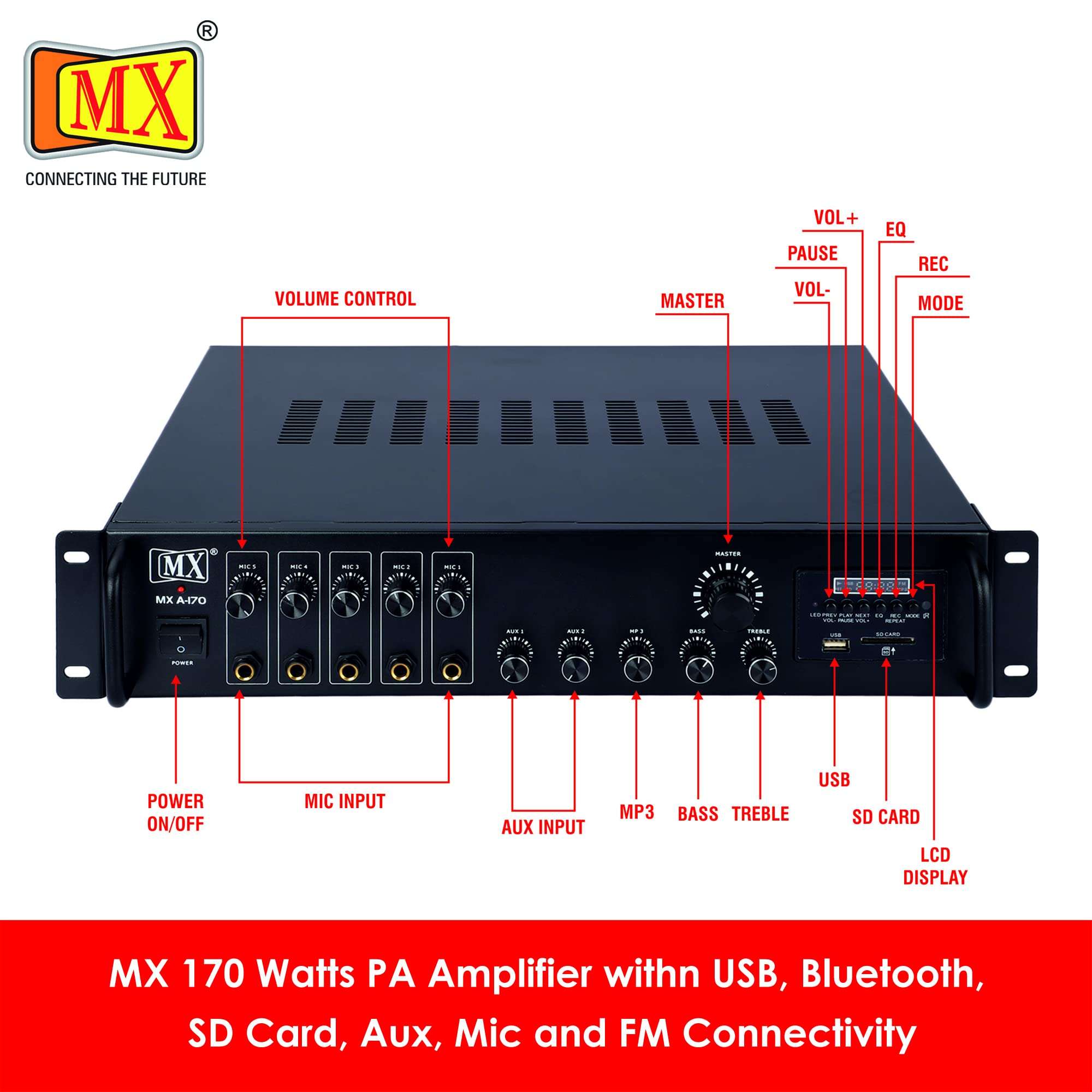 MX (A-170) PA AMPLIFIER WITH LCD DISPLAY,KARAOKE FUNCTION,USB,AUX,MIC,BLUETOOTH,LINE PERFECT FOR HOME AND OUTDOOR FUNCTION 3