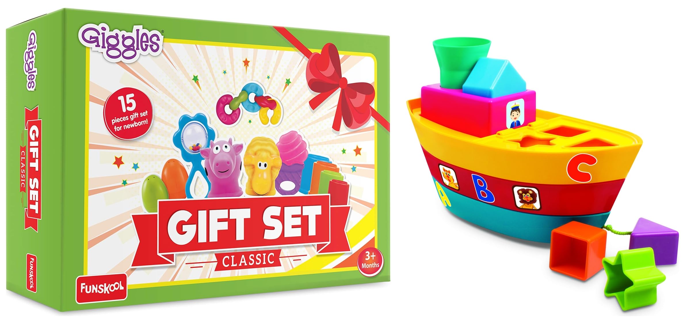 Giggles - Gift Set Classic, Stack, Nest, Link, Squeakers, Teether, Rattle & Giggles - Stack A Boat, 2 in 1 Pull Along Toy, Walking, Shape Sorting (Multicolor) 1
