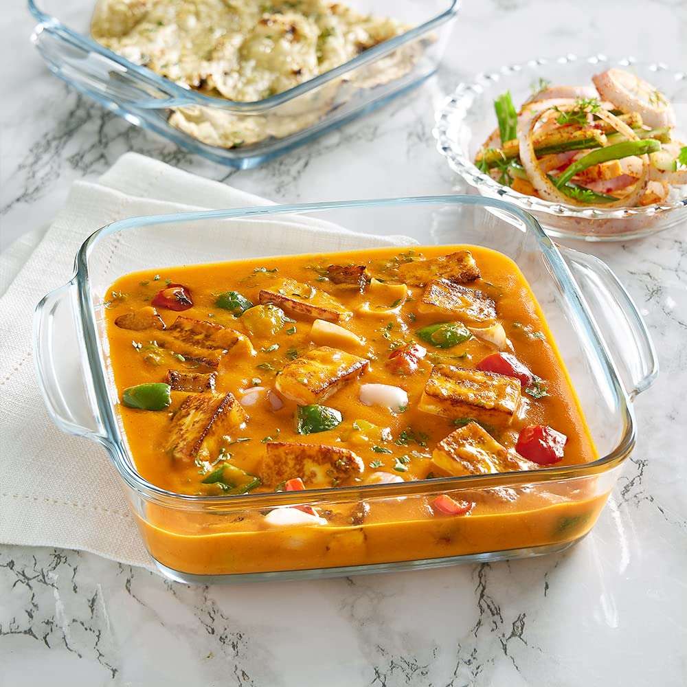 Borosil Glass Mixing & Serving Bowls, Oven & Microwave Safe Bowls, Set of 2, (1.3 L, 1.7 L), Borosilicate Glass, Clear Glass Baking Dish, 1.6 L, Transparent, 1 Piece Square Dish with Handle 6