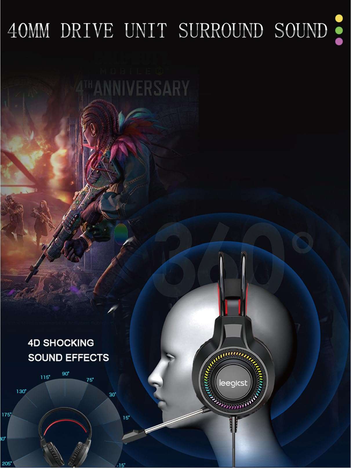 leegicst Stereo Sound Gaming Headset, Over Ear Bass Surround Sound Gaming Headphones with LED Light, Microphone, Compatible with PS4 PS5 Xbox One PC 6