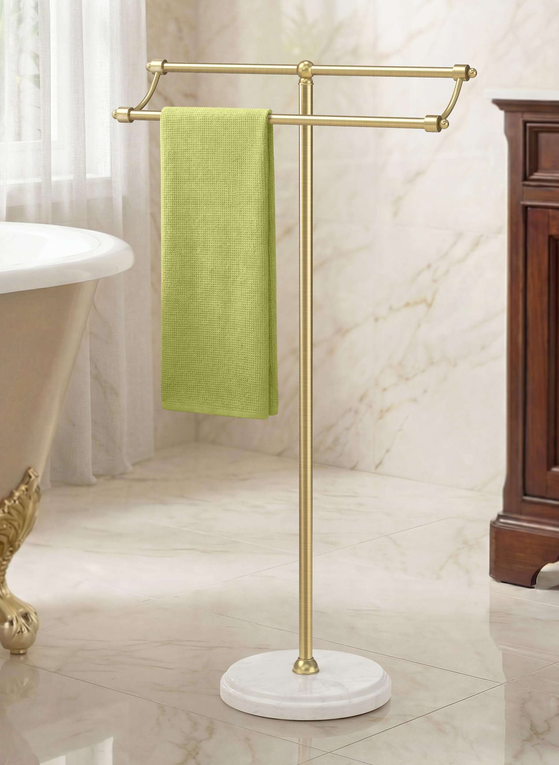 KES Gold Standing Towel Racks for Bathroom with 3X Thicker Weighted Natural Marble Base, 2-Tier Rustproof Free Standing Towel Rack Stand, 18/8 Stainless Steel, Antique Brushed Gold, BTH241-BZ 1