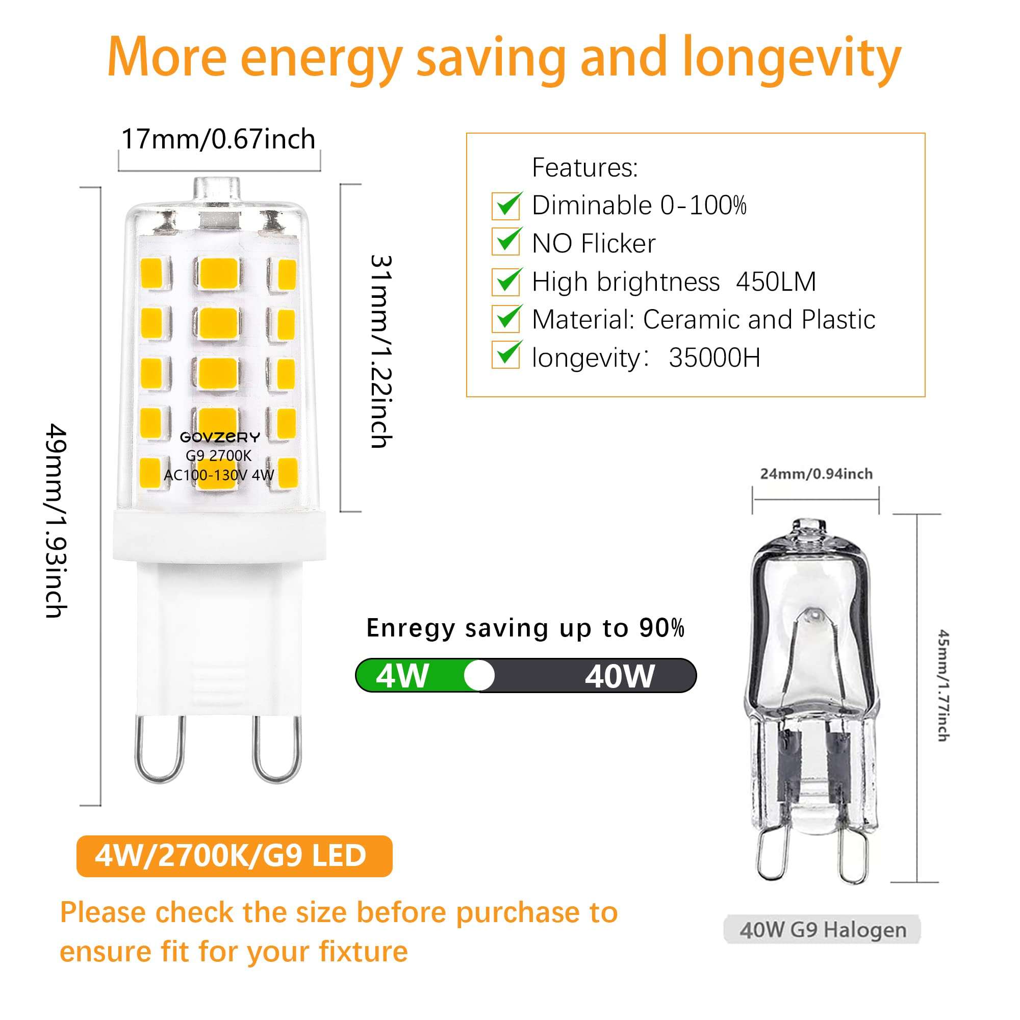 G9 LED Light Bulb Dimmable 2700K Warm White G9 Ceramic Lamp Bulb 4W Equivalent to 40W Halogen Bulb,AC120V(AC100-130V ) 450 Lumens No-Flicker,for G9 Base Chandelier Bulbs Replacement,Pack of 12 3