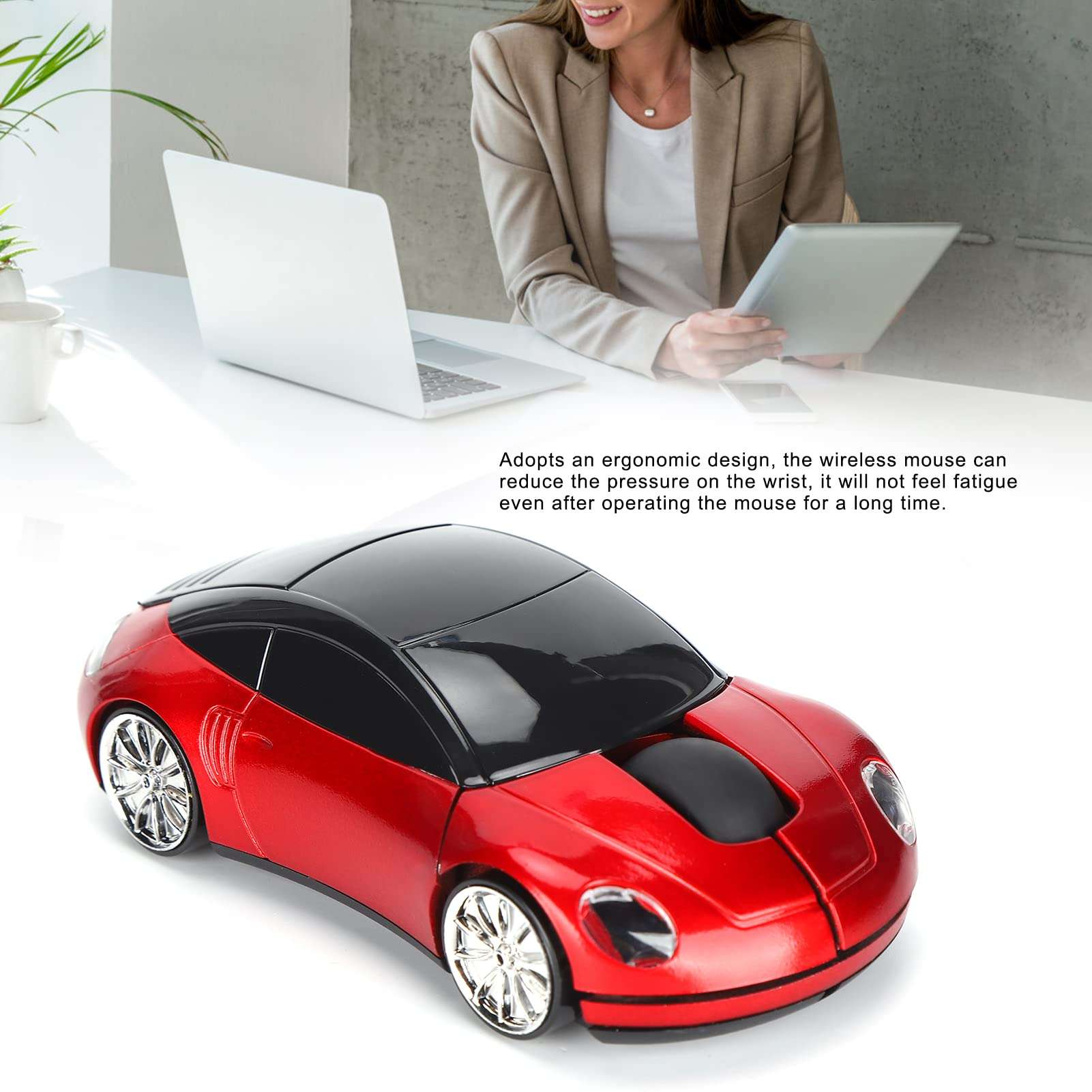 Smart Car Shaped Mouse, Portable 2.4G Cordless Mouse with USB Receiver for Office Laptop Computer Tablet, Optical Positioning High Precision (Red) 4