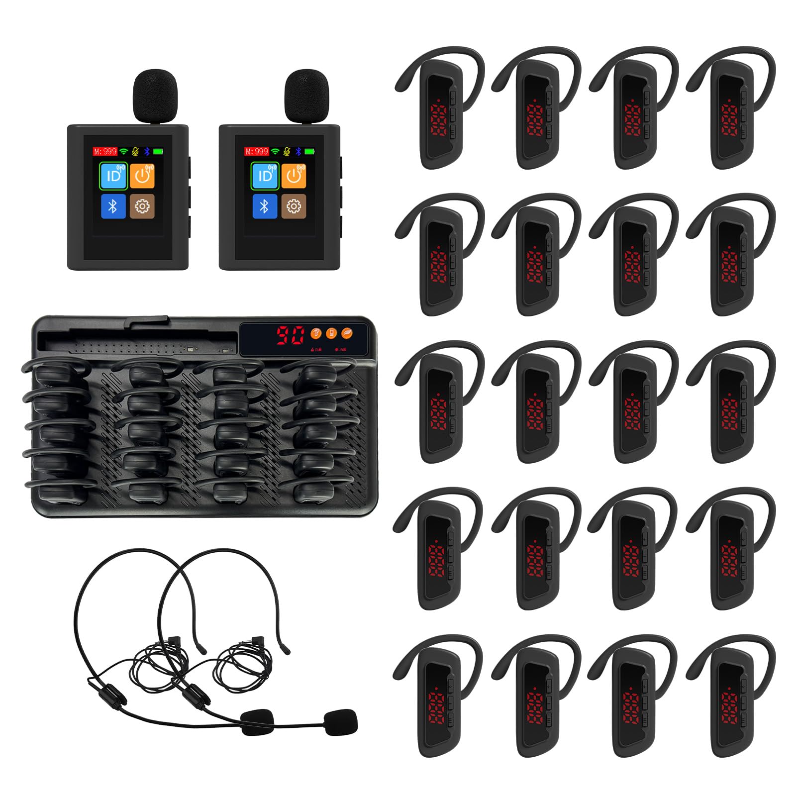 PANDAAR Tour Guide System, Wireless Tour Guide Microphone and Speaker, 21 Slot Charging Base, 140m/459ft Range, Tour Guide Speaker for Factory Training Teaching Church (2 Transmitter 20 Receivers)