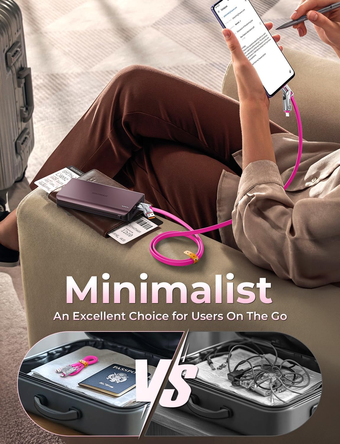 SHEZI 2 Pack Cable Bundle, 4 in 1 240W USB C Cable(Pink) with 4 in 1 USB C Cable 240W 5FT(Grey) Bundle 6