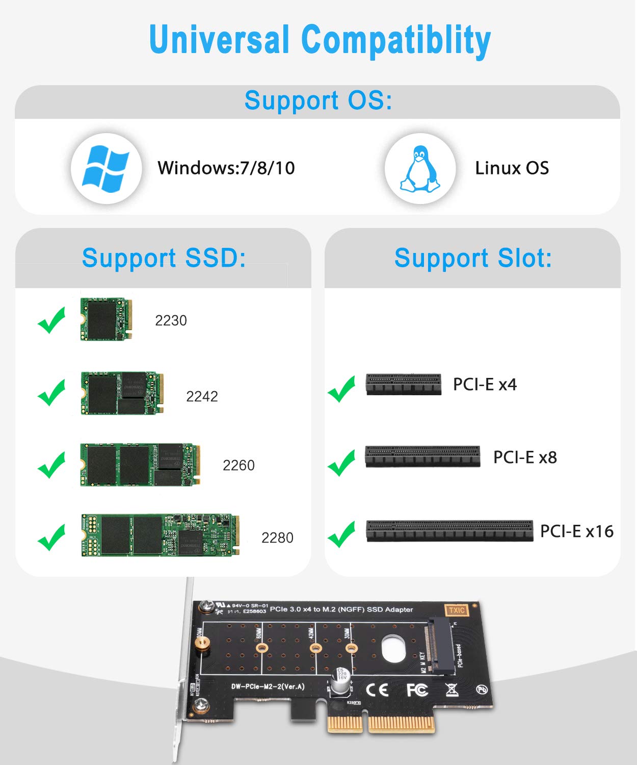 QNINE NVME PCIe Adapter, M.2 PCIe NVMe SSD M Key to PCI Express 3.0 x2 Expansion Card with Low Profile Bracket for PC Desktop 4