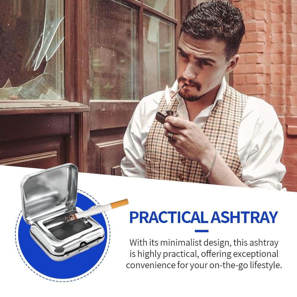 Zoyiancy 2Pcs Portable Ashtray, Pocket Ash Tray with Lid, Mini Stainless Steel Cigarette Holder, Windproof Ashtray for Outdoor Office Car Supplies(Silver) 5