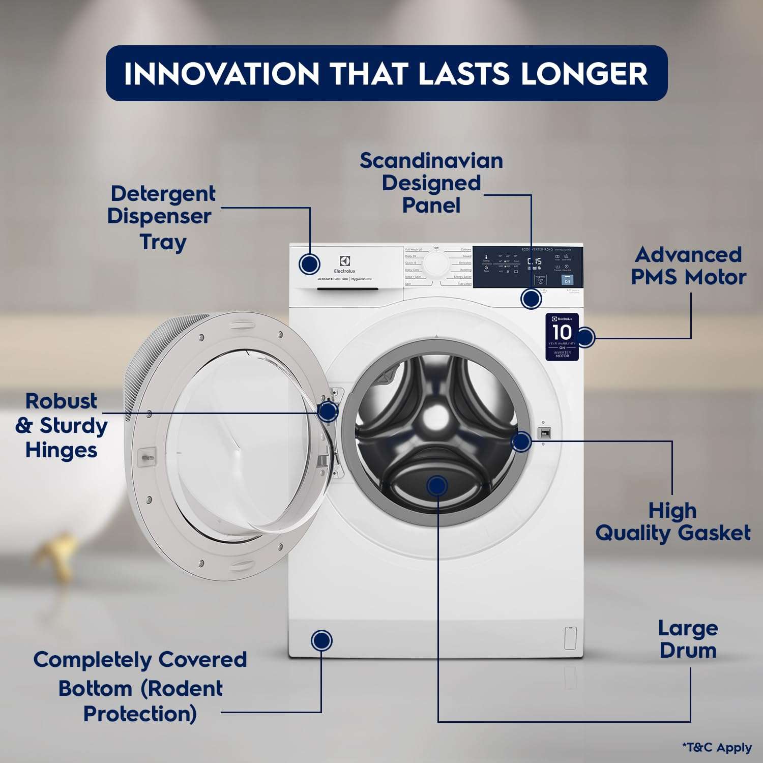 Electrolux 9kg 5 Star EcoInverter Fully Automatic Front Load Washing Machine, Full Load Vapour Wash for Sustainable Clothing, Hygienic Care, White, UltimateCare 300, EWF9024D3WB 5