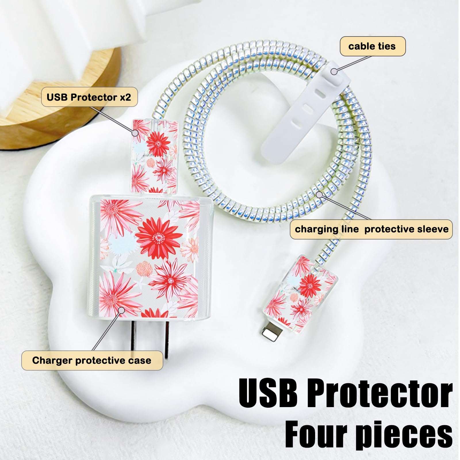 Cute Cable Protector for iPhone Adapter Charger, Red Chrysanthemum Flowers Design, Soft TPU Data Cable USB-C Case Data Line Cord Saver Charger Protective Case for iPhone 11 12 13 14 15 Pro Max 3