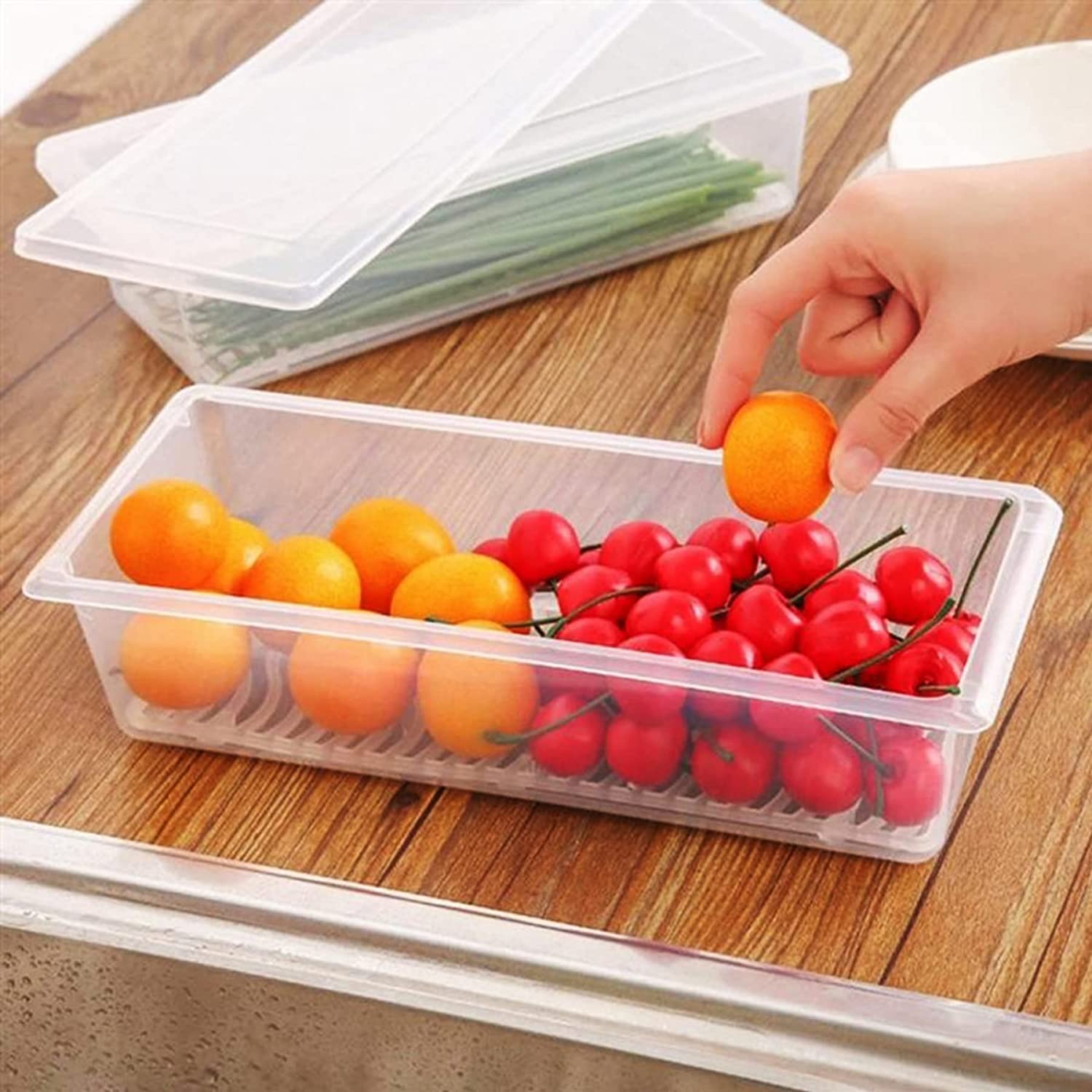 LEELA'S plastic storage boxes fridge organizers box for kitchen with removable drain plate and airtight lid transparent storage box containers set fridge stackable coriander box for vegetables(2) 6