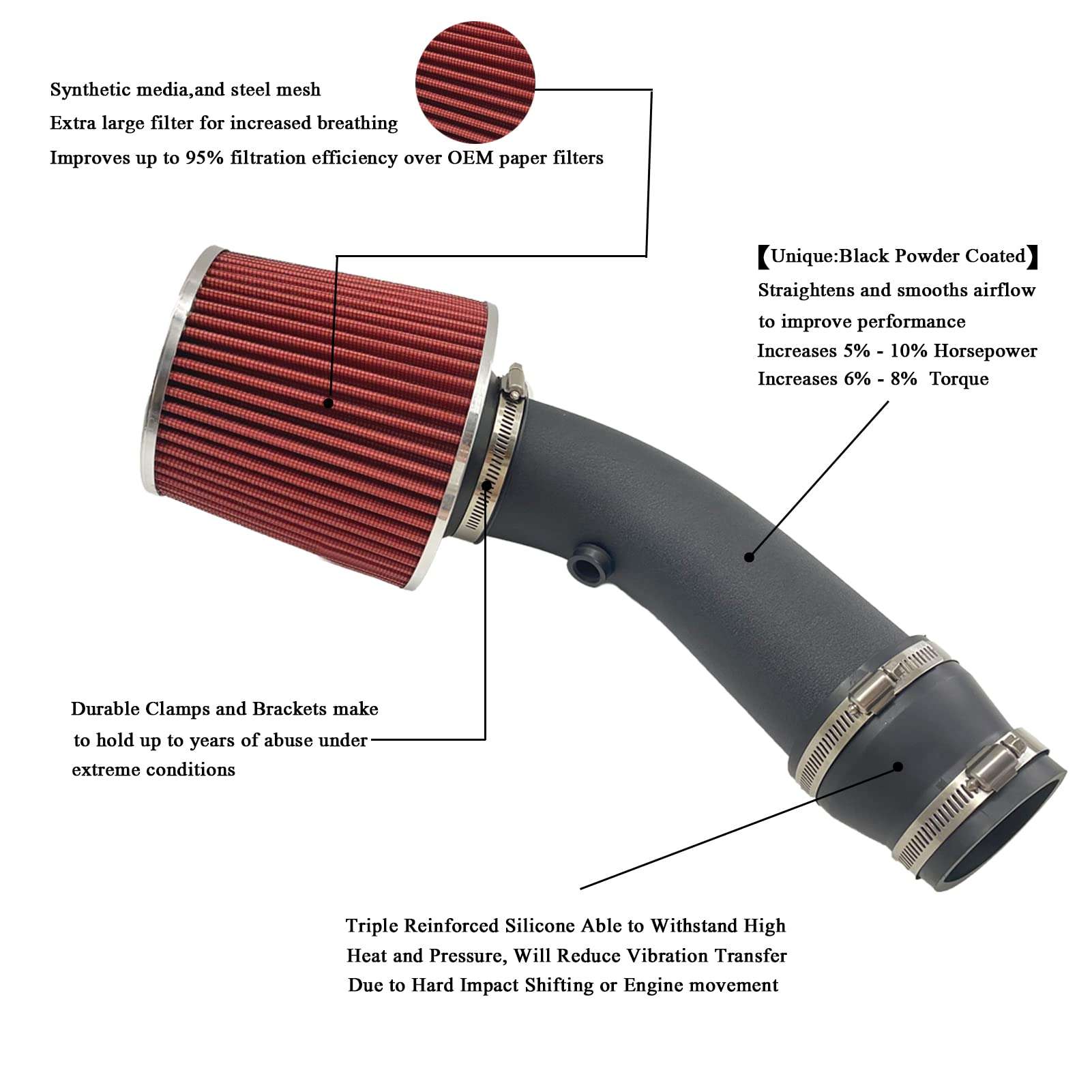 3" Universal Cold Air Intake Kit Intake Pipe Kit Aluminium Automotive Air Intake Air Filter Induction Flow Hose Pipe Kit Red Filter 3
