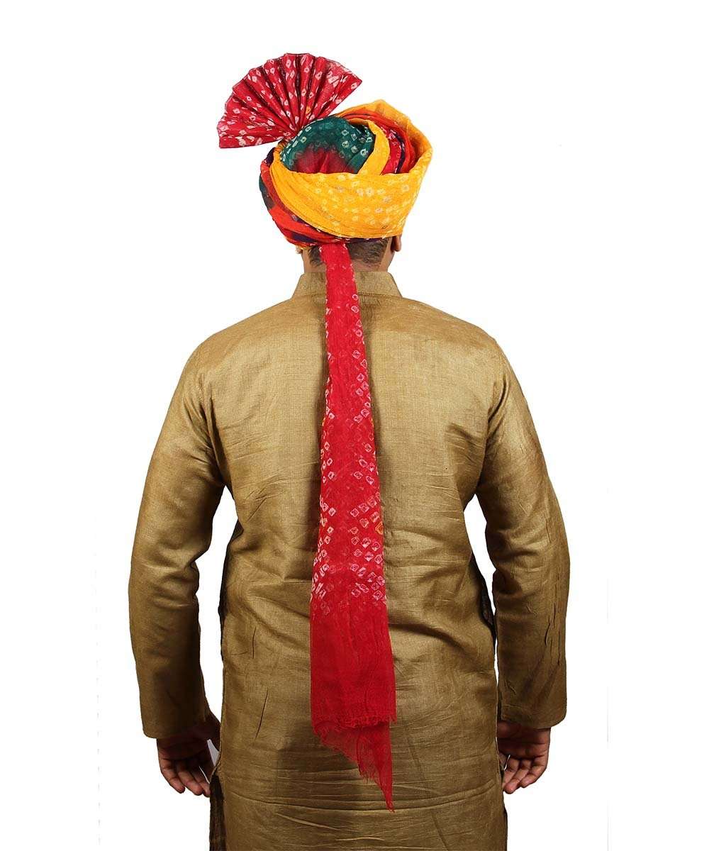 KALAPURI Traditional Handstitched Ready to Wear Panchrangi Jodhpuri Bandhej Cotton Pheta (Turban Safa) for Men for Wedding/Marriage and Traditional Function in 21 Inches 5