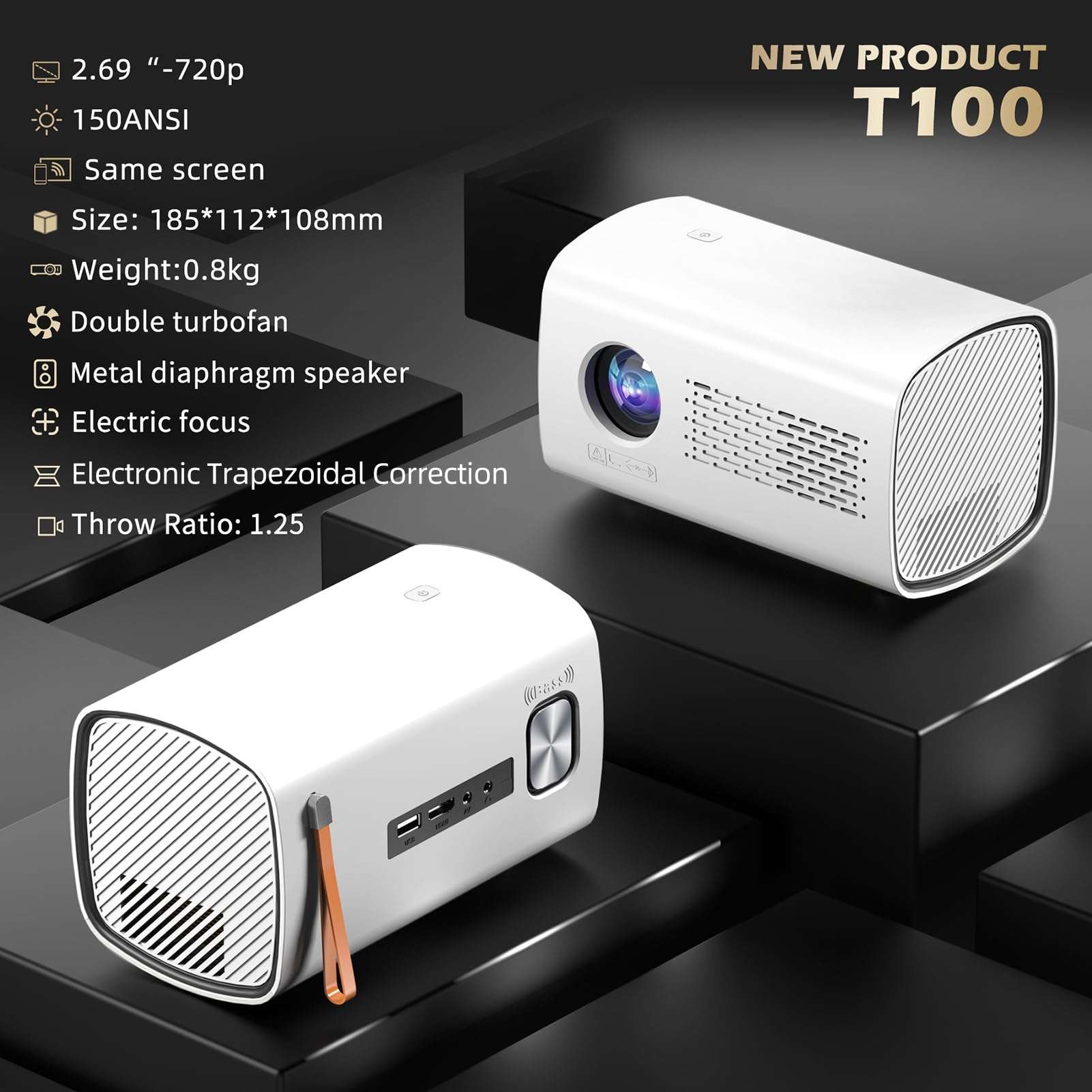 TwirlTide Android 9.0 Mini Projector 720P Home Theater with WiFi6 Support 150in Display Same Screen Technique Movie Projector Auto Focus Keystone Function Built-in Speaker with USB/3.5MM Ports Support 6