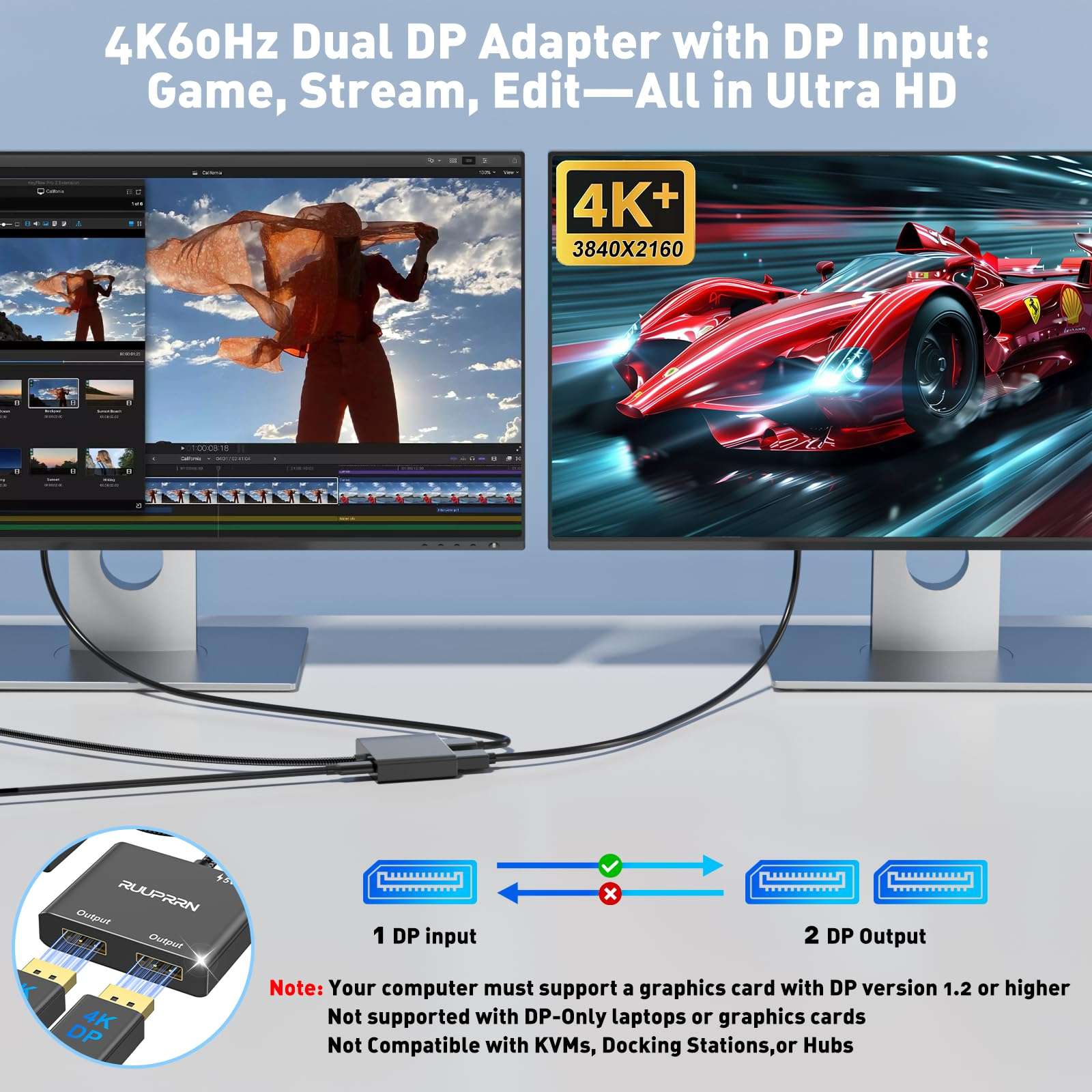 RUUPRRN 4K@60Hz DisplayPort to Dual DisplayPort Splitter Adapter, Display Port Splitter for Dual Monitors, DP 1.4 Splitter 1 in 2 Out, Displayport MST Hub for PC, Graphics Card, NVIDIA, AMD 3