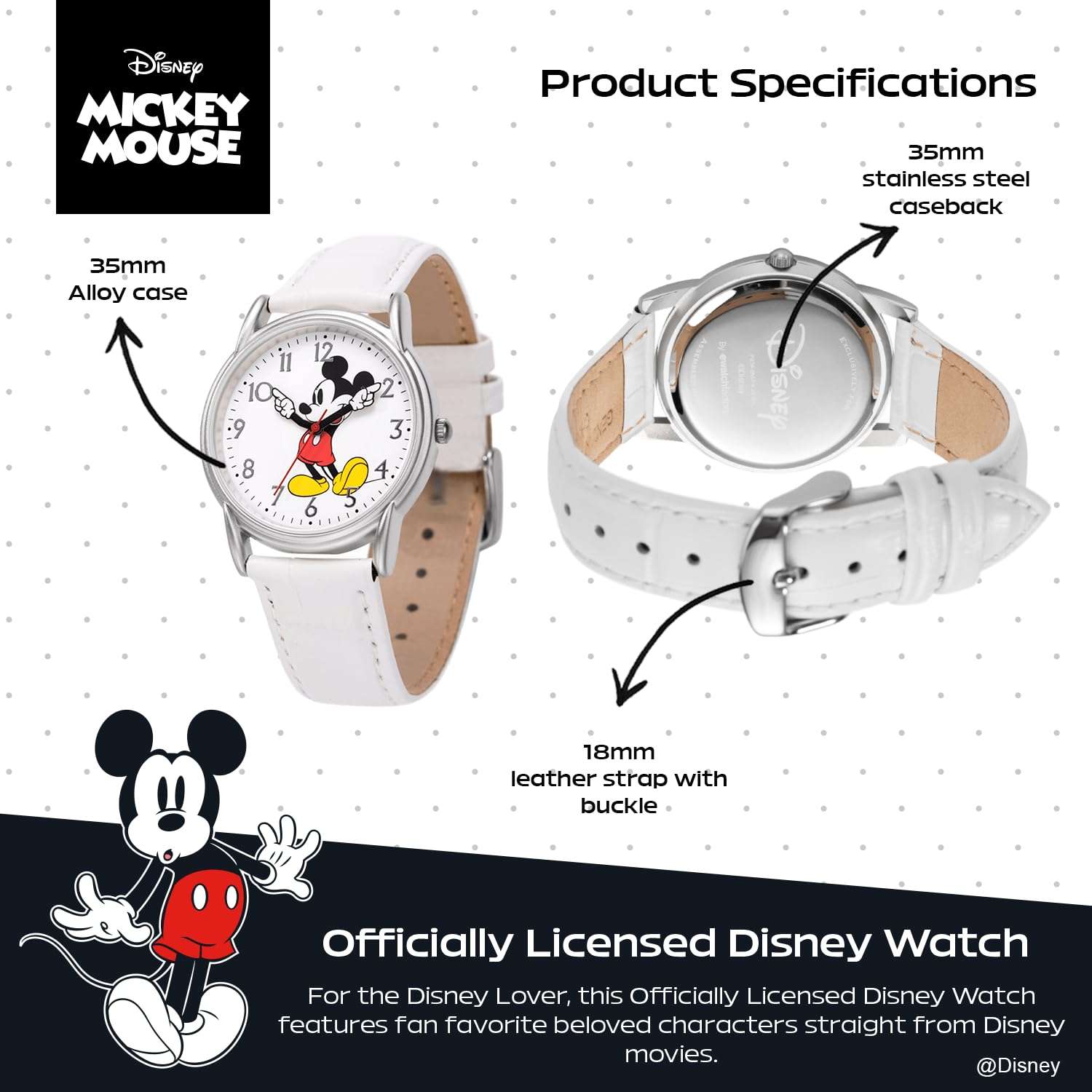 Disney Mickey Watch - Watch for Men - Mickey Mouse Watches for Men - Toys - 90s Mouse - Vintage - 's Articulating Hands - Silver Case - White Leather Strap 3