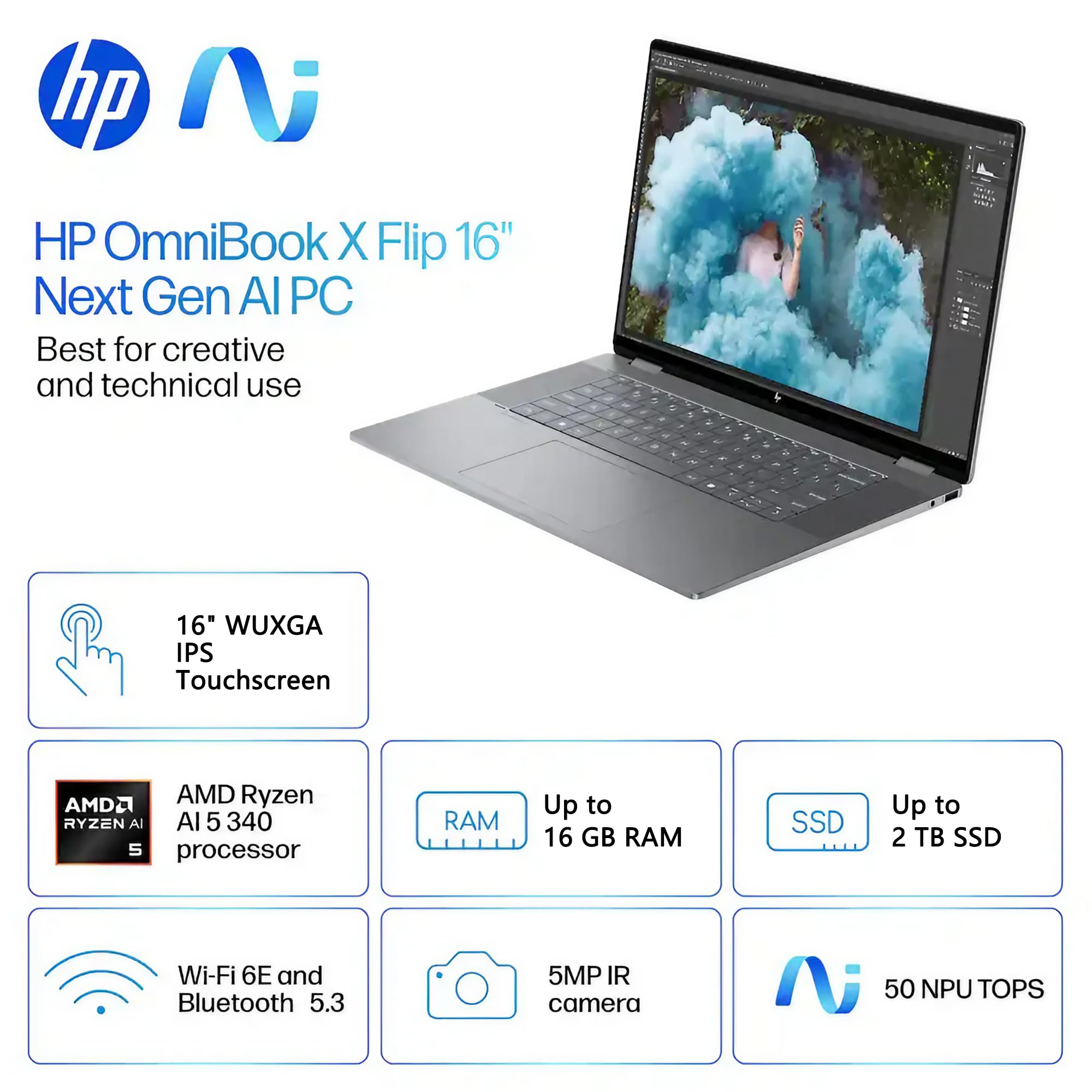 HP OmniBook X Flip AI PC 2-in-1 Laptop | 16" WUXGA Touchscreen | AMD 6-Core Ryzen AI 5 340 (Up to 50 Tops) | 16GB DDR5 1TB SSD | Backlit 5MP IR Privacy Camera Win11 w/DLCA Accessory 4