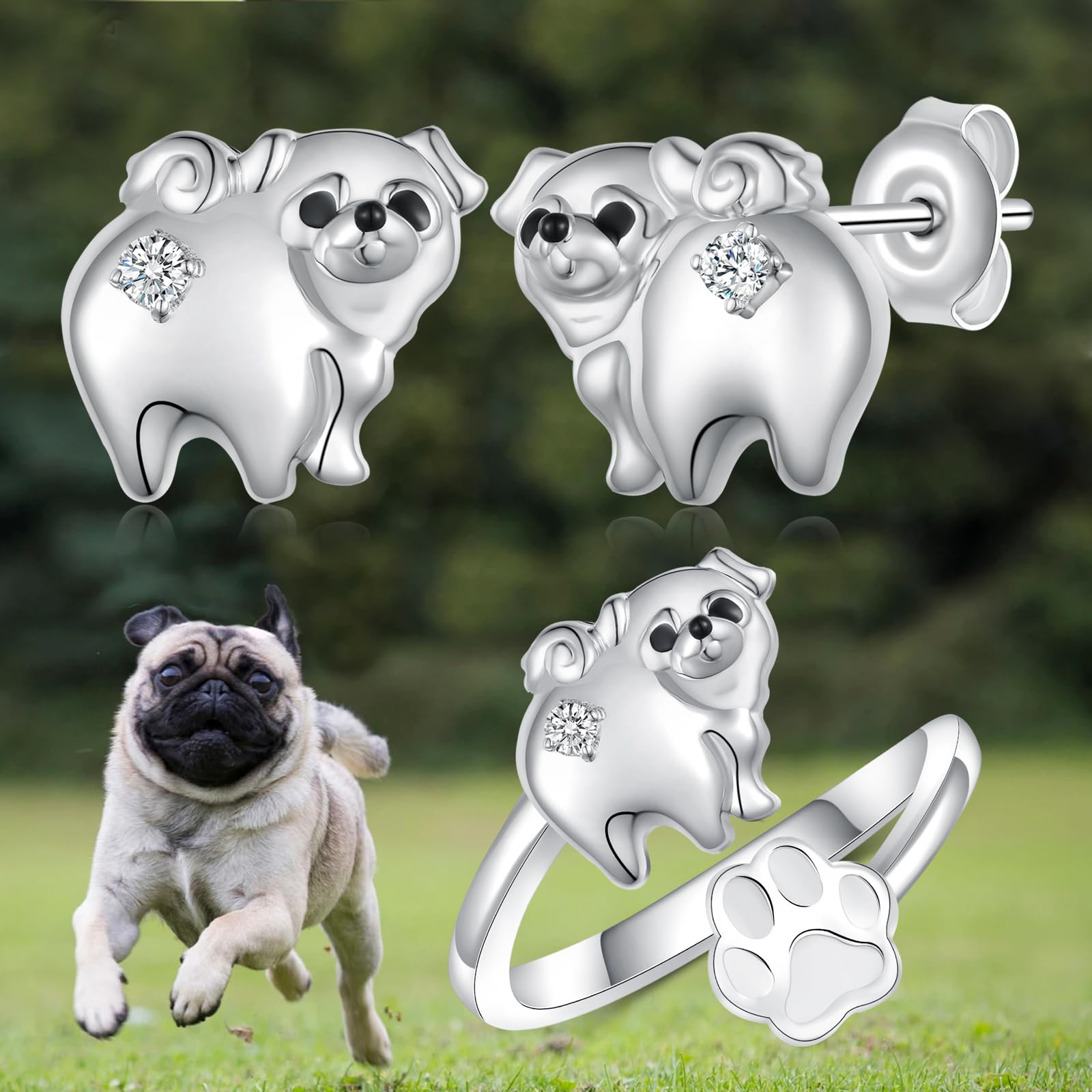 Pug Earrings and Pug Ring Sterling Silver Cute Dog Gifts Pug Dog Jewelry for Women Pug Lover 3