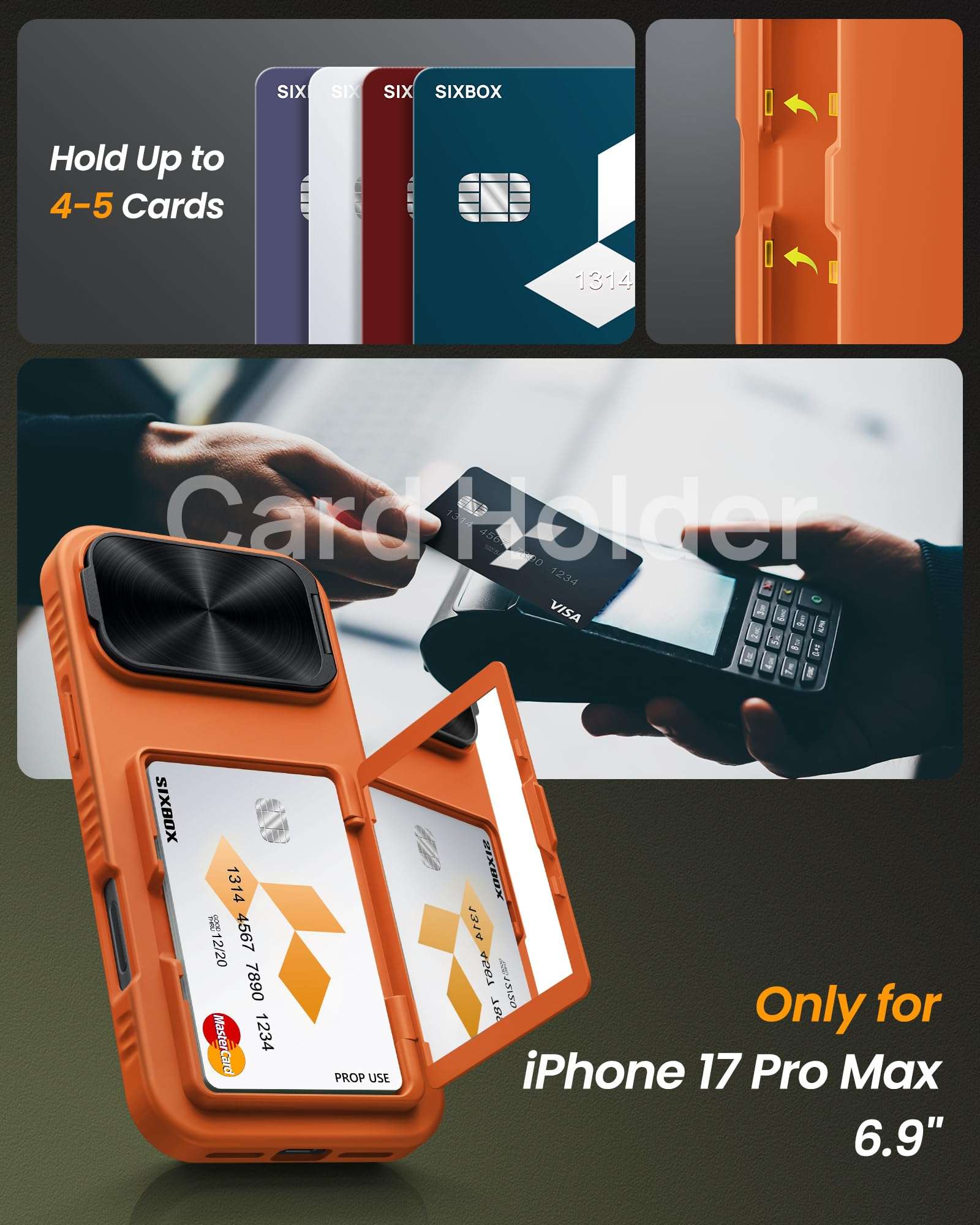 SIXBOX for iPhone 17 Pro Max Case with Credit Card Holder, Built-in Camera Cover & Stand, Rugged Shockproof Protective Phone Case for 17 Pro Max 4