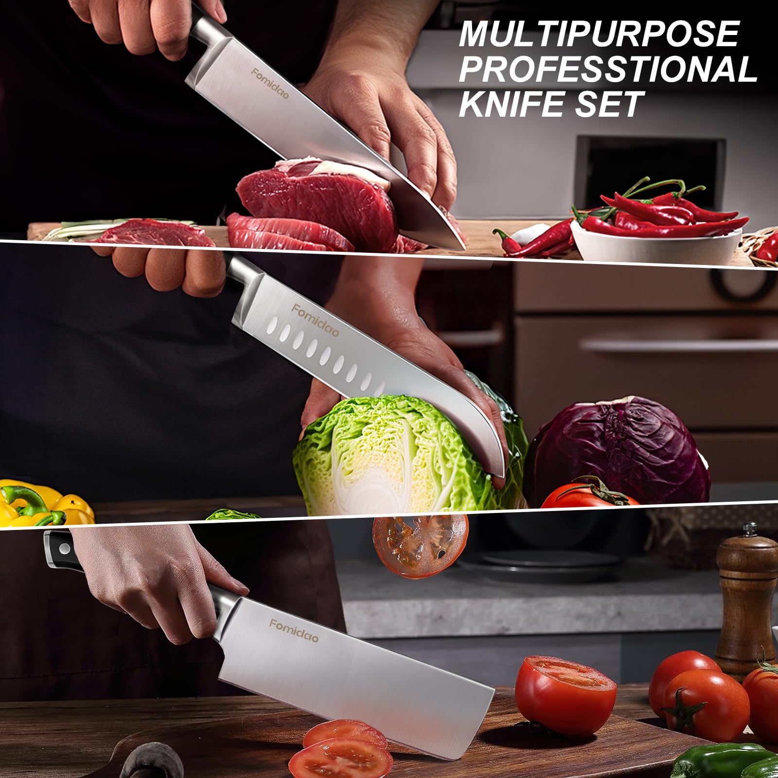 Fomidao Kitchen Knife Set with Magnetic Knife Block 4 Pieces,Double-sided Mangetic Knife Holder With High Carbon Stainless Steel Knife Set,Professtional Kitchen Chef Knives Set With Block 5