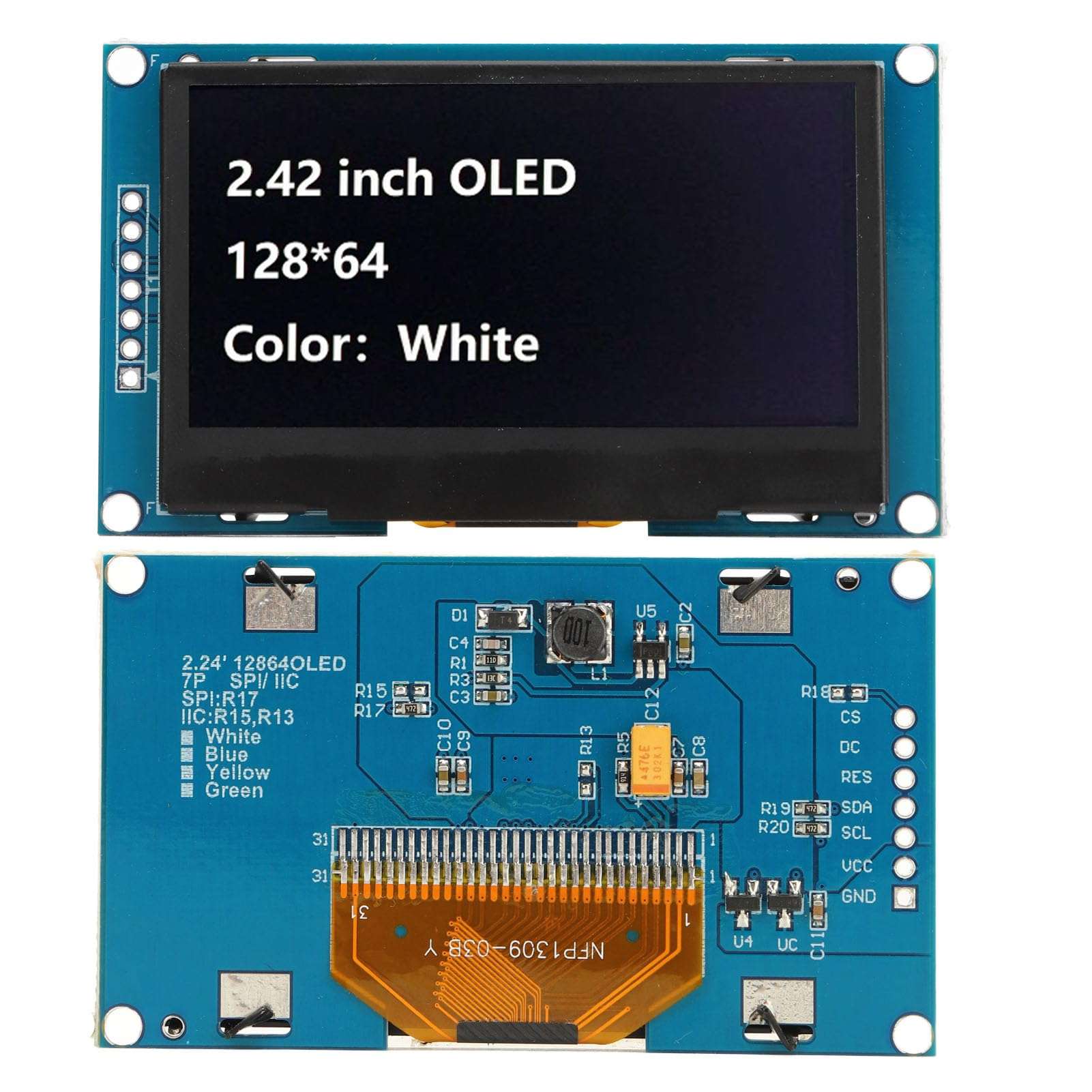 Display Module, Bright Organic Light Emitting Diode Module 2.42in SSD1309 Drive IC SPI Serial Port Wide Compatibility for ESP8266 (MRA091A White) 6
