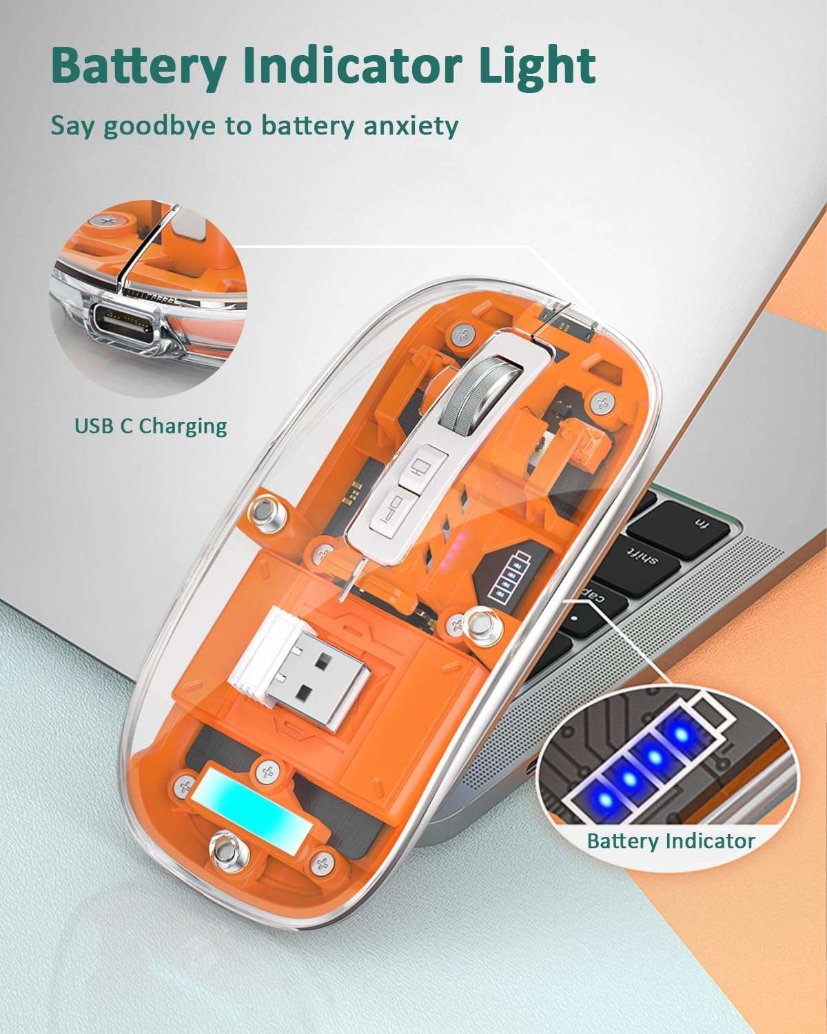 MICROWARE Transparent Wireless Mouse BT5.1/2.4G Bluetooth Mouse Rechargeable Mute Mouse Compatible Mac,iPad,Mack-Book,Laptop, and PC (Orange) 4