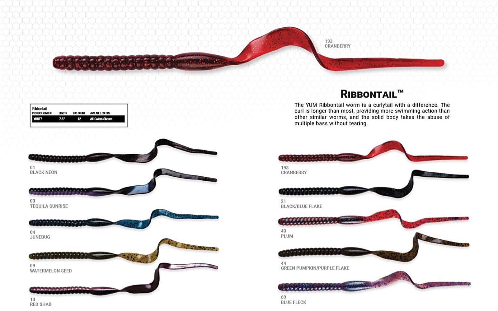 YUM Ribbontail Worm Curly-Tail Swim-Bait Bass Fishing Lure, Green Pumpkin/Purple Flake, 7.5" 2