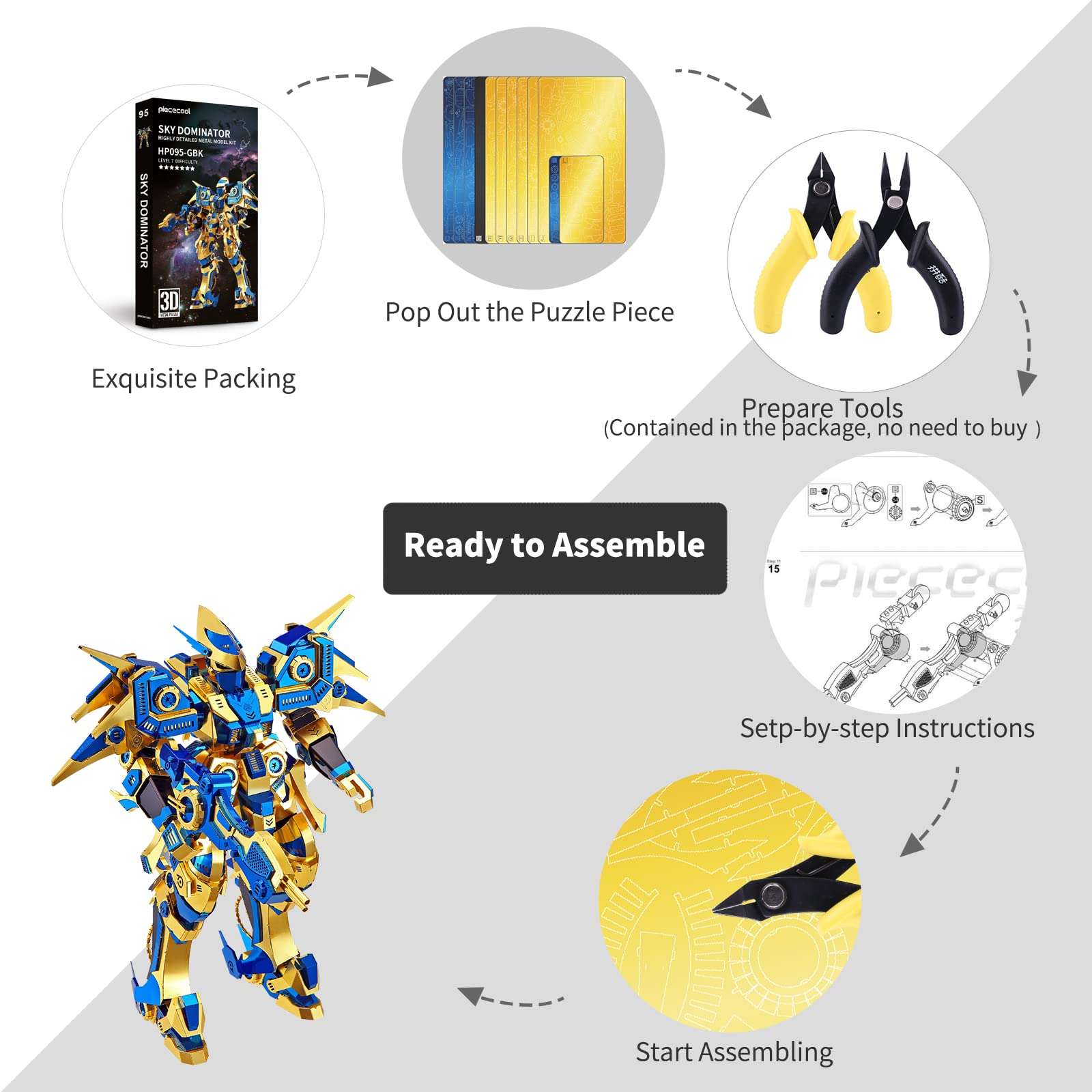 Piececool 3D Metal Puzzles for Adults Mecha Model Kits, Sky Dominator Figure Models Building Kit, Chanllenge 3D Metal Puzzle for Teenagers Stress Relief Toys, Great Birthday Gift, 489Pcs 4