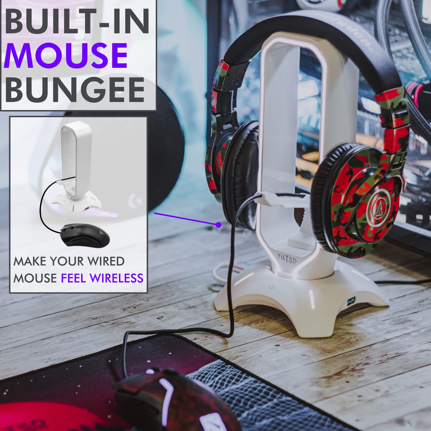 Tilted Nation Gaming Headphone Stand | RGB Headset Stand White | Headset Holder for Desk with Mouse Bungee and USB Hub | The Ultimate Gaming Accessories for Gamers for PS5, Xbox, PC - White 6