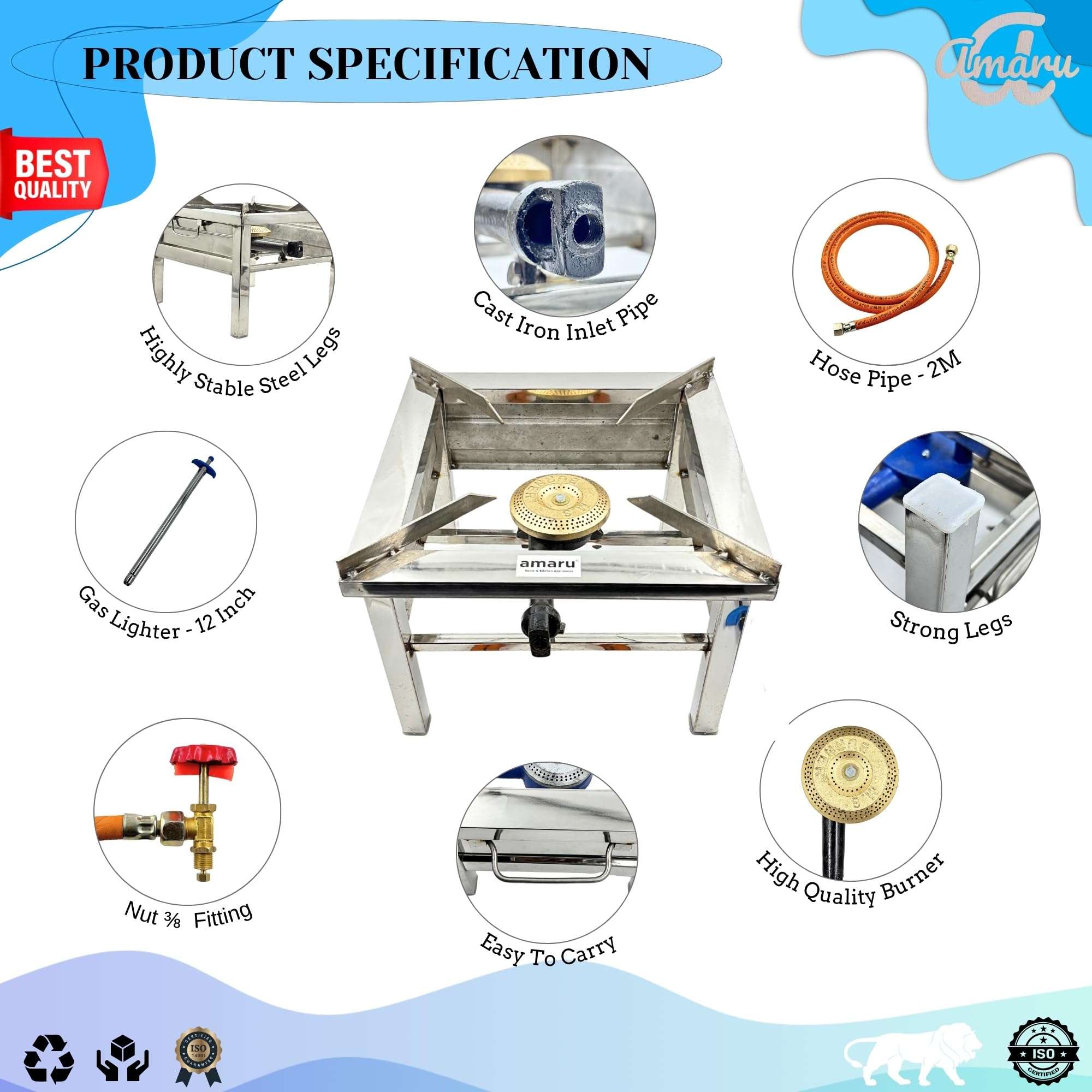 Amaru Single Burner Stainless Steel Square Chulha Canteen Bhatti Commercial Gas Stove - Silver, Manual (Large-14Lx14Wx10.5H) 4