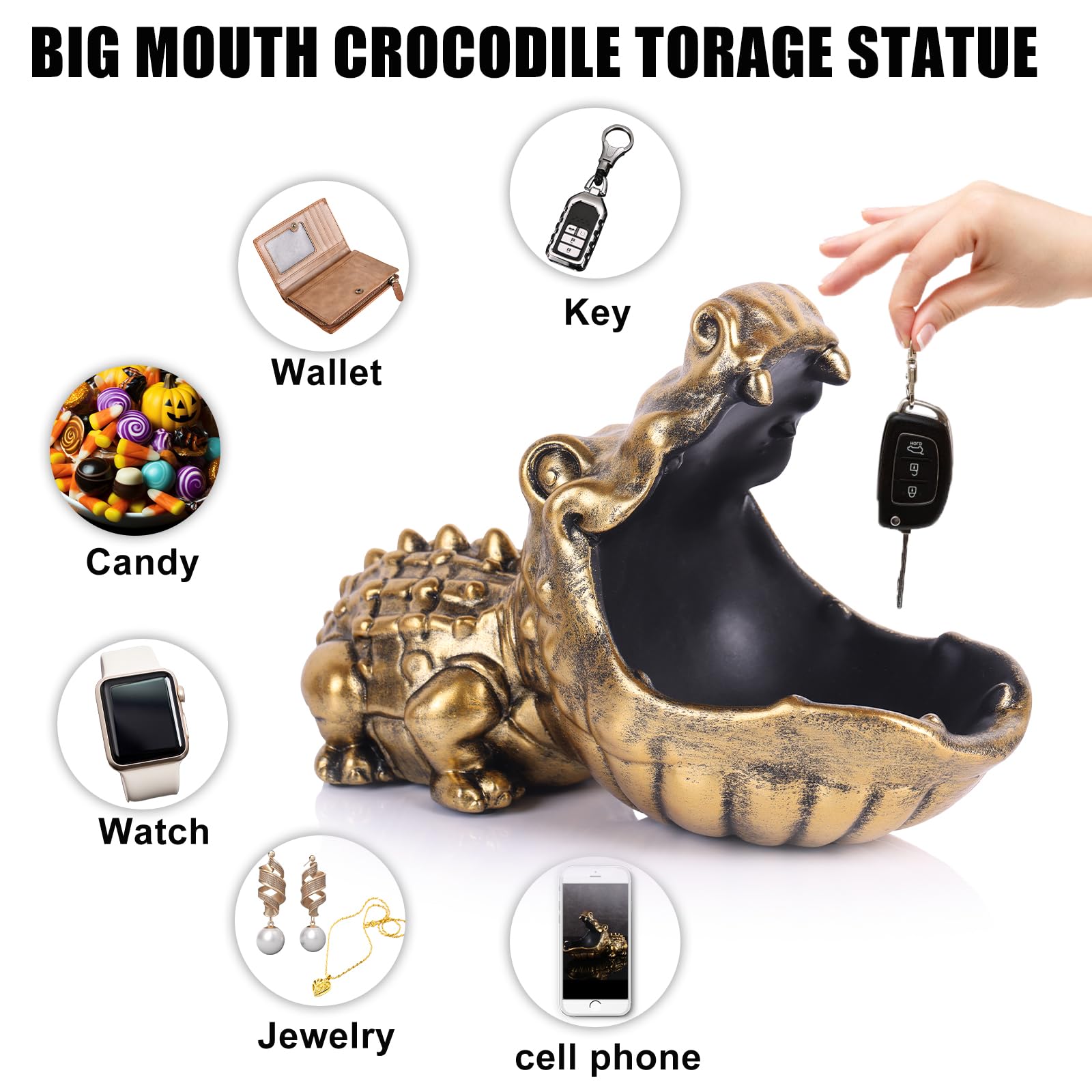 oliruim Alligator Statue Key Bowl, Fun Animal Statue Candy Dish for Entryway Decorative Bowl, Office Candy Dish, Big Mouth Sculpture Home Living Room Trinket Container Storage Box (Gold) 5